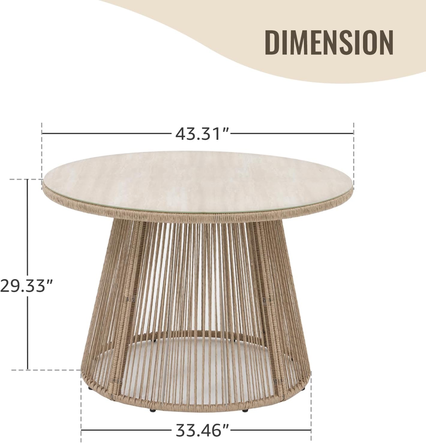 SUNSITT 43' Outdoor Dining Table, Patio Round Table for 4, Modern Patio Dining Table w/Beige Rattan Design, Tempered Glass Top w/Ceramic Coating, Metal Frame Outdoor Table for Garden Backyard Lawn