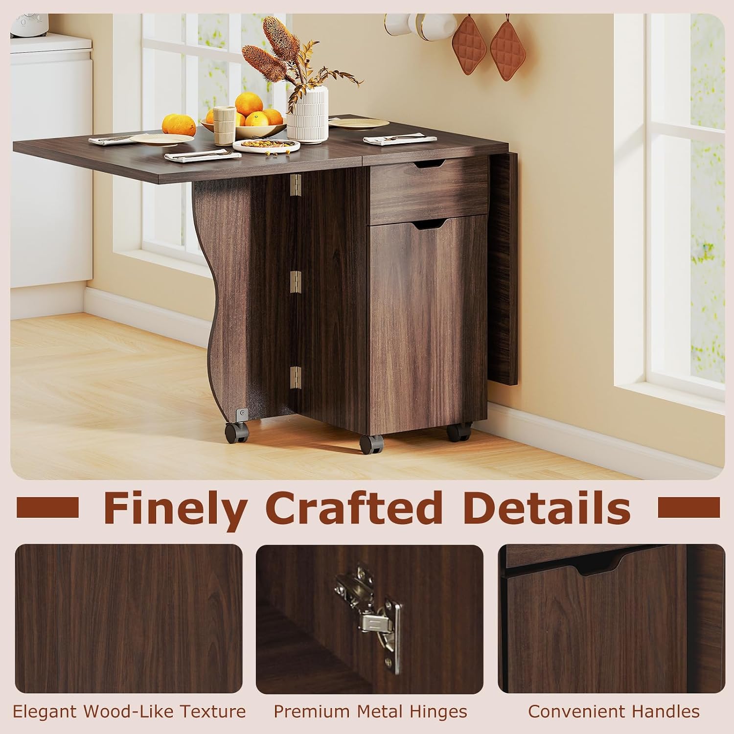 Giantex 3-in-1 Folding Dining Table for 4-6, 69-Inches Drop Leaf Kitchen Table with 2 Drawers and 2 Cabinets, Lockable Wheels, Foldable Dinner Tables for Small Spaces, Dinette (Walnut)