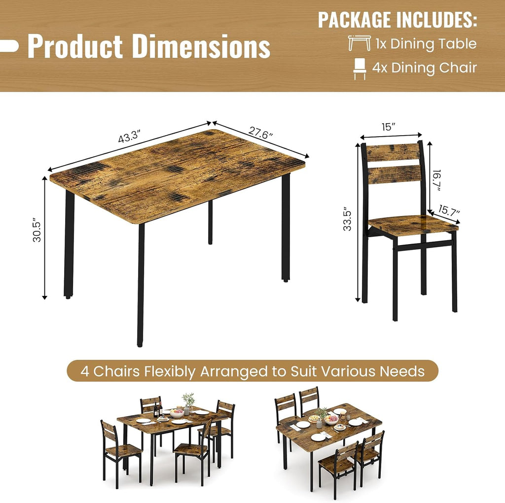 Recaceik Dining Table Set for 4 Wood Kitchen Table Chairs Set, 43 '' Farmhouse 5 Piece Dining Room Table Set, Space-Saving Dinette Set for Breakfast Nook, Apartment