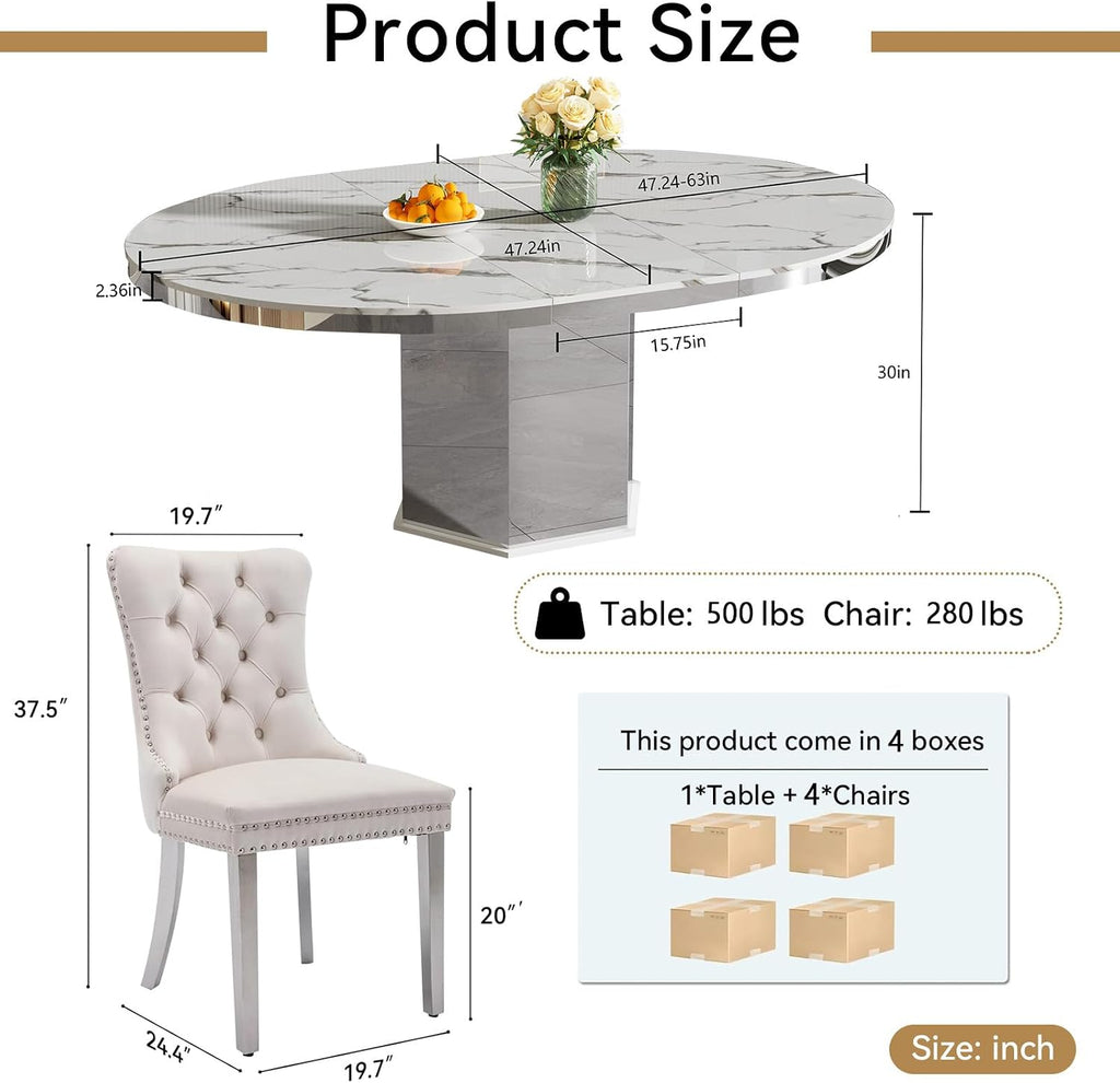 5 Pieces 47'-63' White Faux Marble Extendable Dining Table Set, Round Expanding Kitchen and Dining Room Table Set for 4 with Mirrored Acrylic Base & Beige Velvet Upholstered Chairs