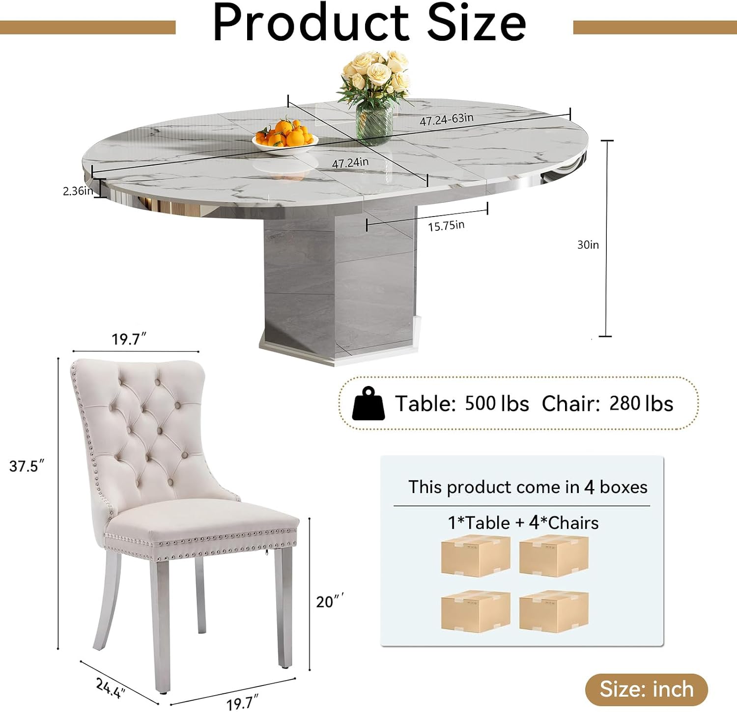 5 Pieces 47'-63' White Faux Marble Extendable Dining Table Set, Round Expanding Kitchen and Dining Room Table Set for 4 with Mirrored Acrylic Base & Beige Velvet Upholstered Chairs