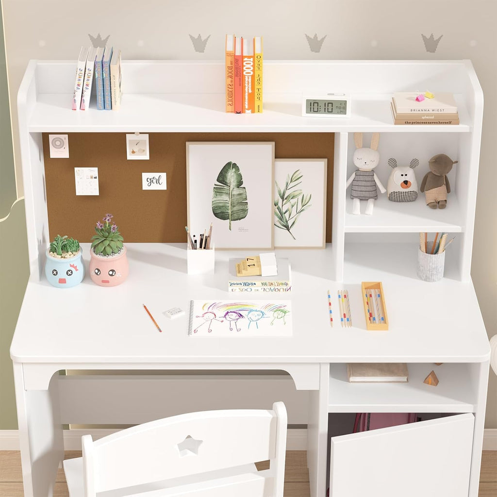 GarveeHome Kids Desk & Chair Set with Hutch, Storage Cabinet, Wooden Children Student Writing Table Computer Workstation for Kids Bedroom & Study Room