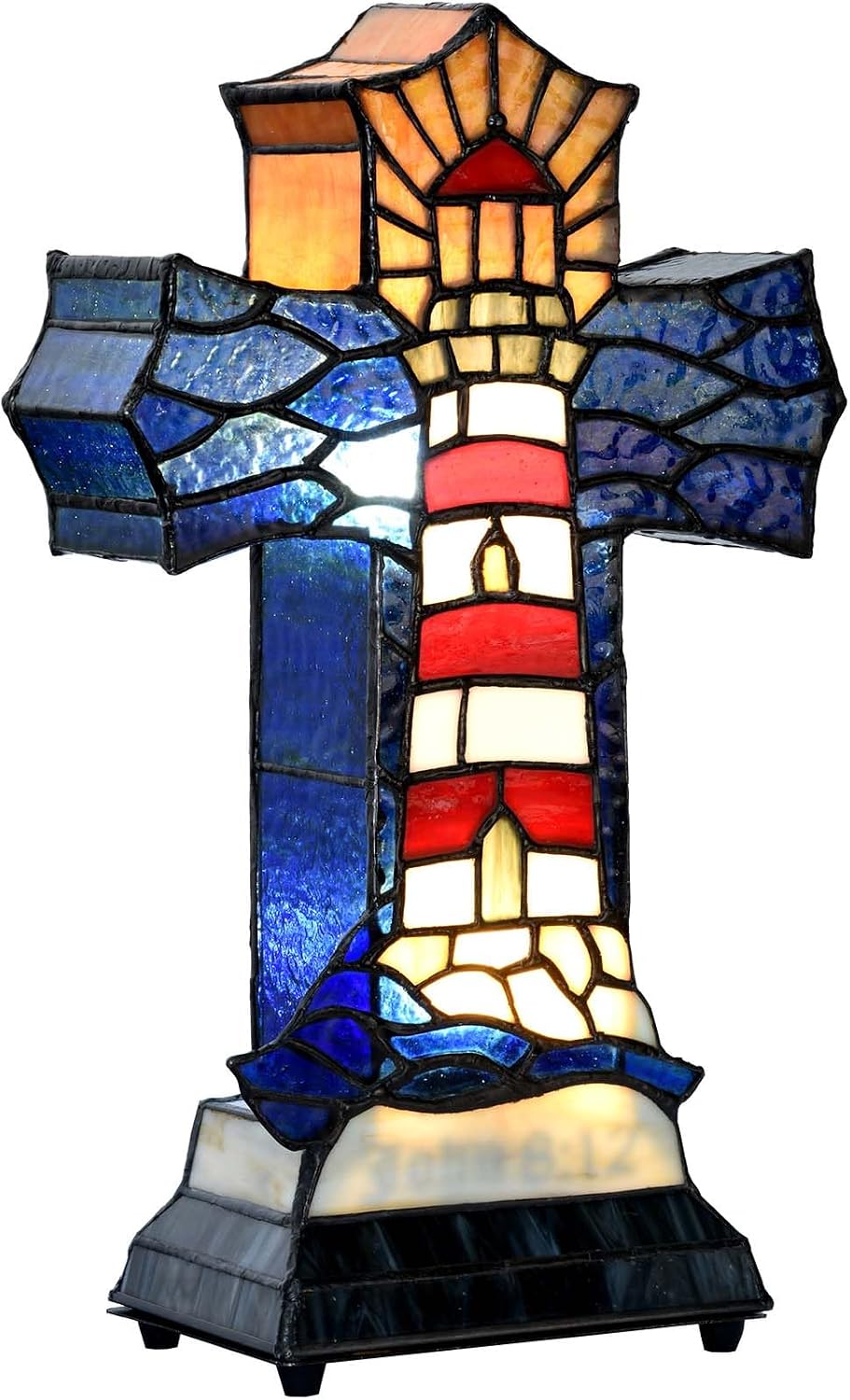 Bieye L12020 Christian Cross Tiffany Style Stained Glass Table Lamp for Home Décor (Lighthouse)