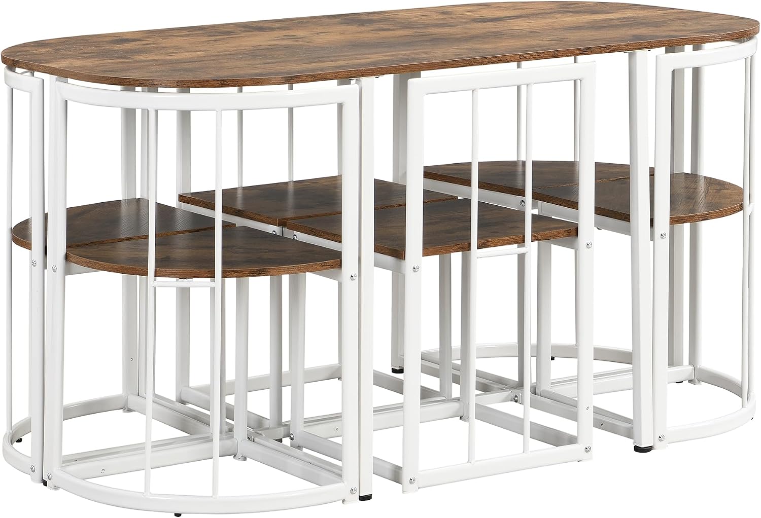 7 Piece Dining Table Set, Metal Kitchen Dining Table Set with Chairs for 6 Persons for Small Space, White Cherry