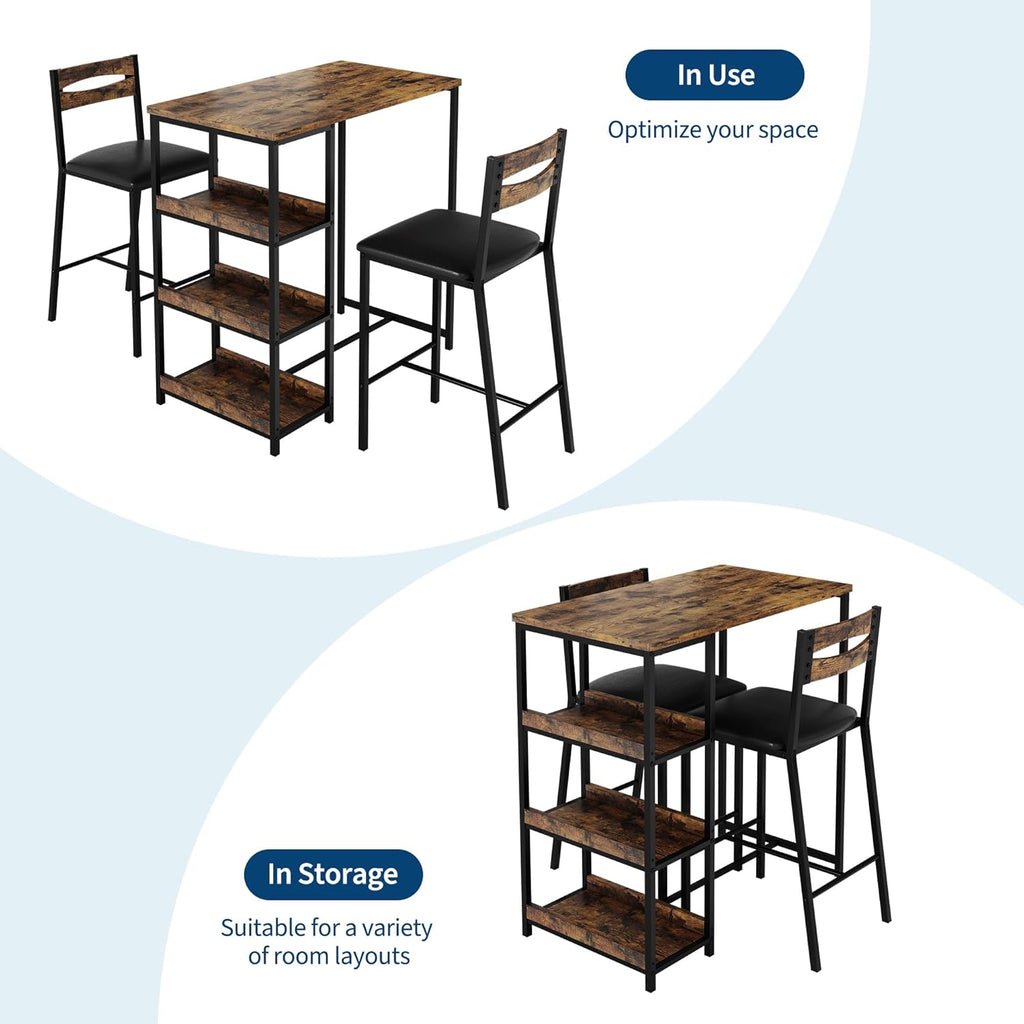 GarveeHome 3-Piece Kitchen Table Set with Storage Shelves & 2 Upholstered Chairs - Iron and Wood Dining Table for Small Spaces, Apartments, Condos, Rustic Brown