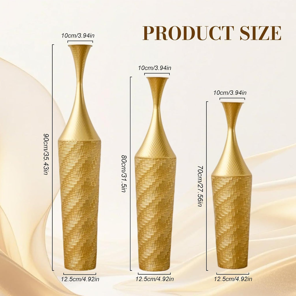 Set of 3 Gold Metal Floor Vases, Handcrafted Hammered Tall Decorative Vases, Rustproof Iron Large Floor Vases for Living Room, Entryway, Pampas Grass & Dried Flower Arrangement