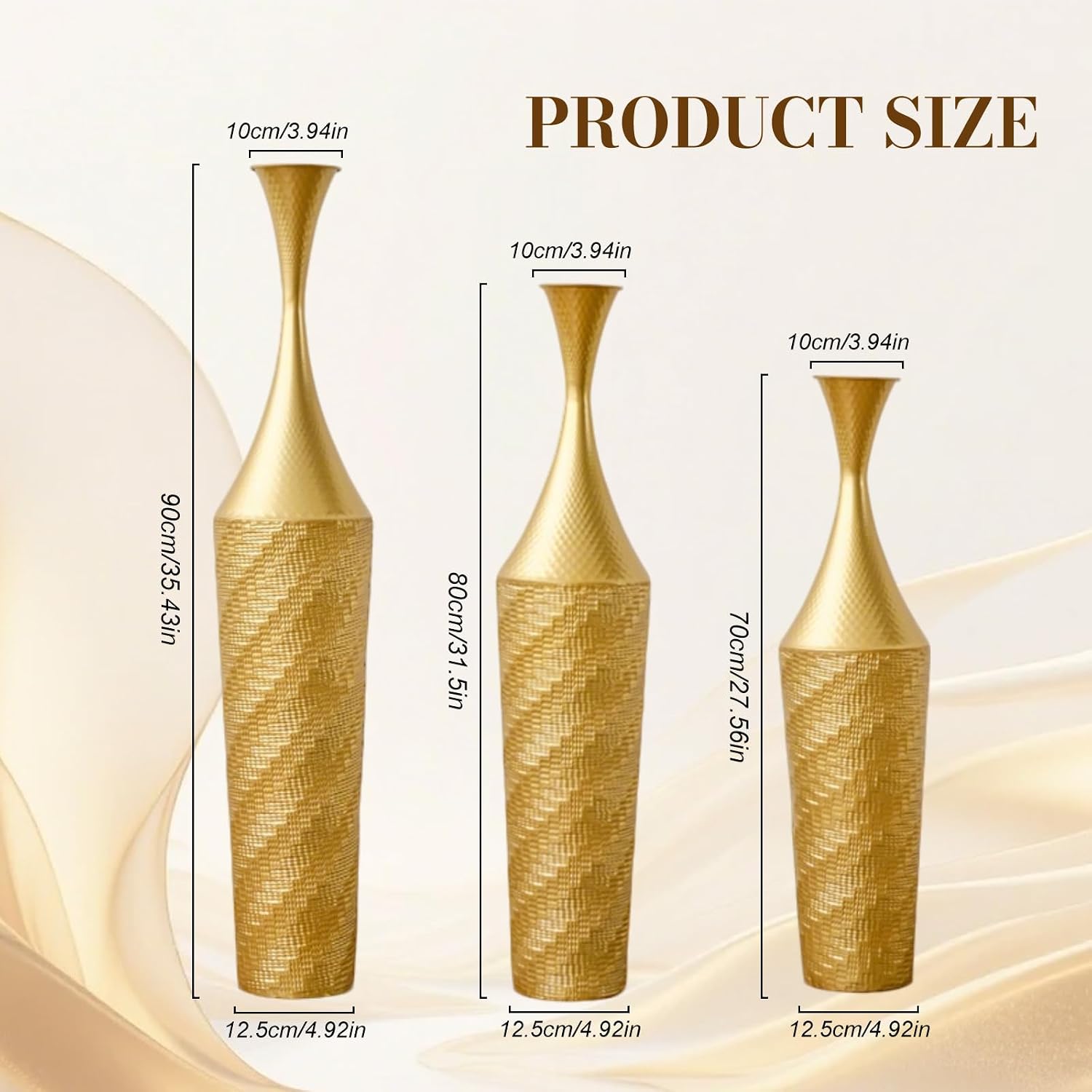 Set of 3 Gold Metal Floor Vases, Handcrafted Hammered Tall Decorative Vases, Rustproof Iron Large Floor Vases for Living Room, Entryway, Pampas Grass & Dried Flower Arrangement