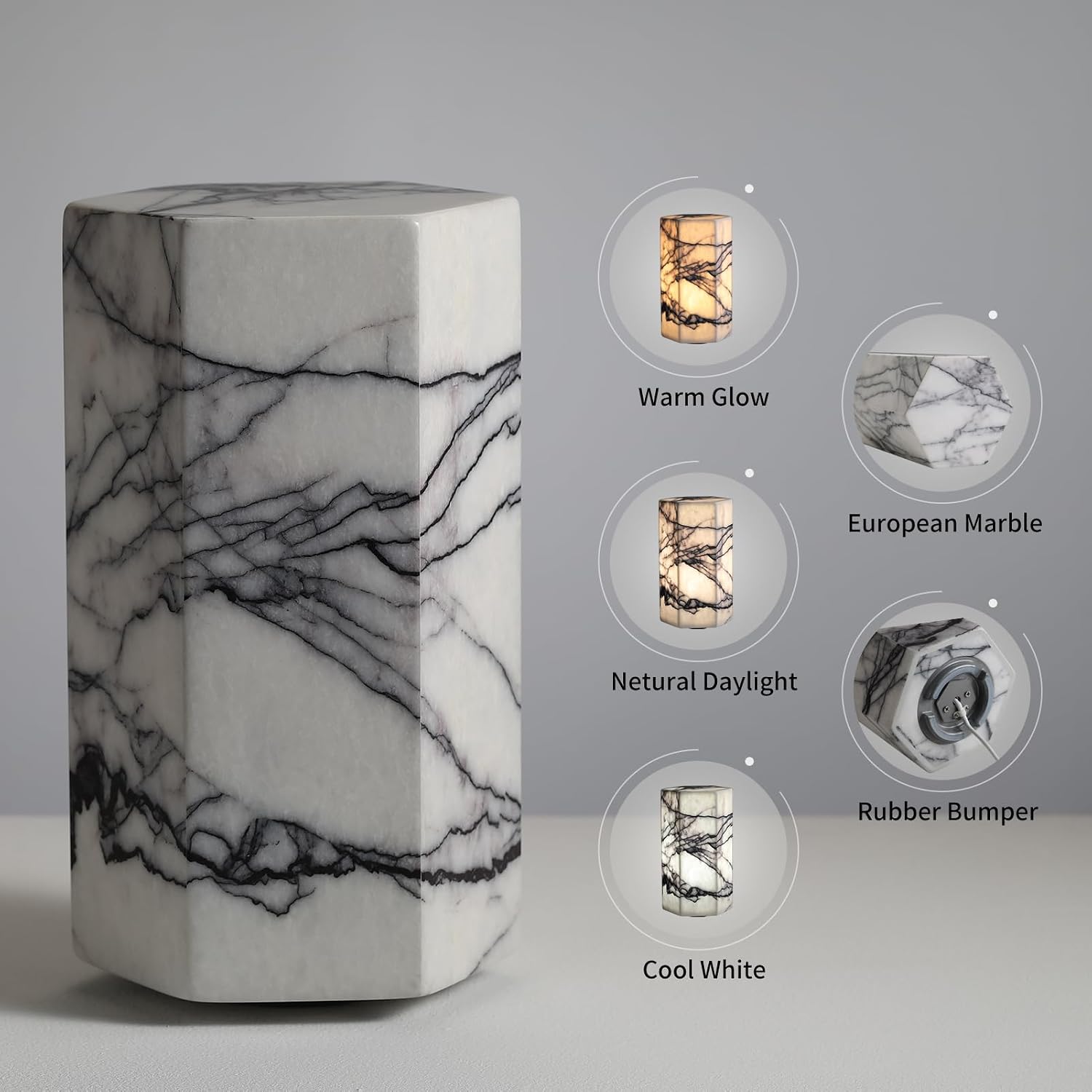 Handcrafted Real Marble Table Lamp, Stone Lamp with Tri-Color Dimmable LED, Bedside Lamp, Small Table Lamp for Home Decor, Accent Table Lamp for Bedroom Living Room, Hexagon