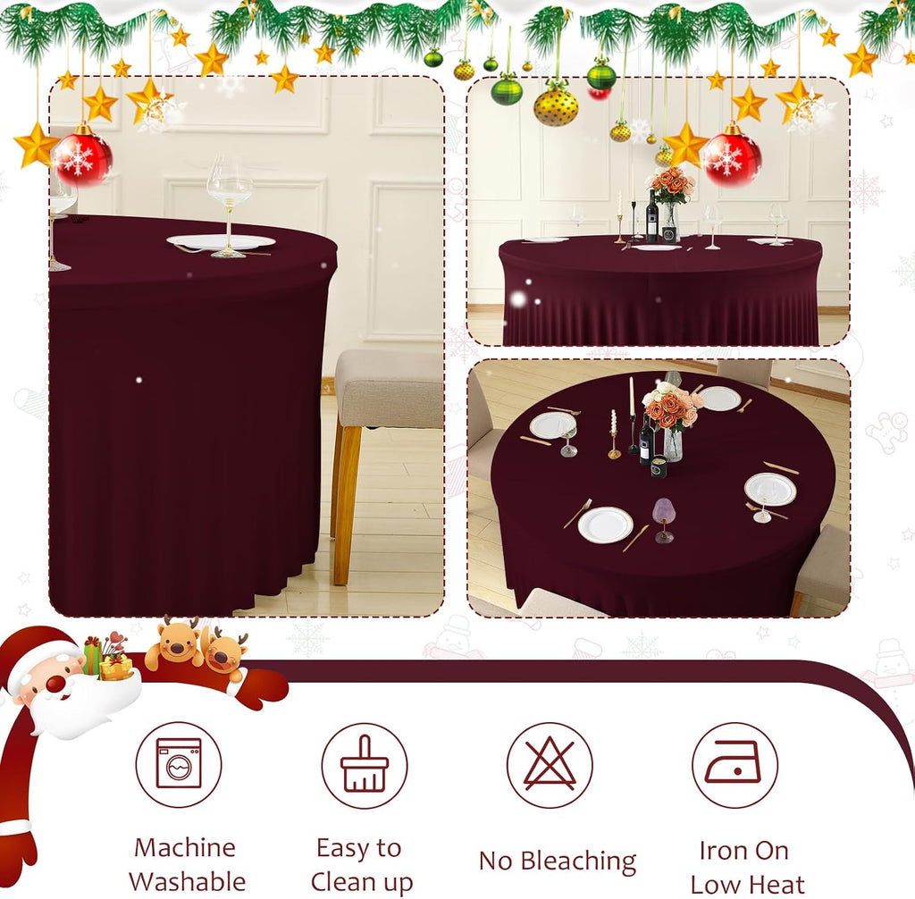 12 Pack Burgundy Round Tablecloth with Skirt, 60 Inch Elastic Fitted Table Cover for 5FT Tables, Wrinkle-Resistant & Washable Snug Fit for Christmas, Thanksgiving, Holiday Dinners & Parties