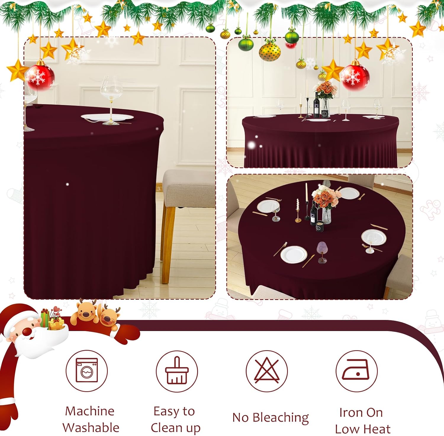 12 Pack Burgundy Round Tablecloth with Skirt, 60 Inch Elastic Fitted Table Cover for 5FT Tables, Wrinkle-Resistant & Washable Snug Fit for Christmas, Thanksgiving, Holiday Dinners & Parties