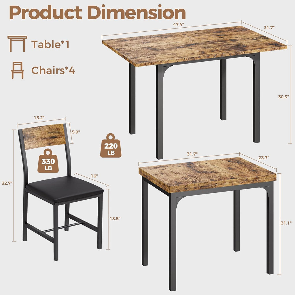 IRONCK 5-Piece Dining Table Set for 4, Extendable Kitchen Table Chairs Set of 4, Dining Room Table with 4 Upholstered Chairs, Folding for Small Space, Apartment, Rustic Brown