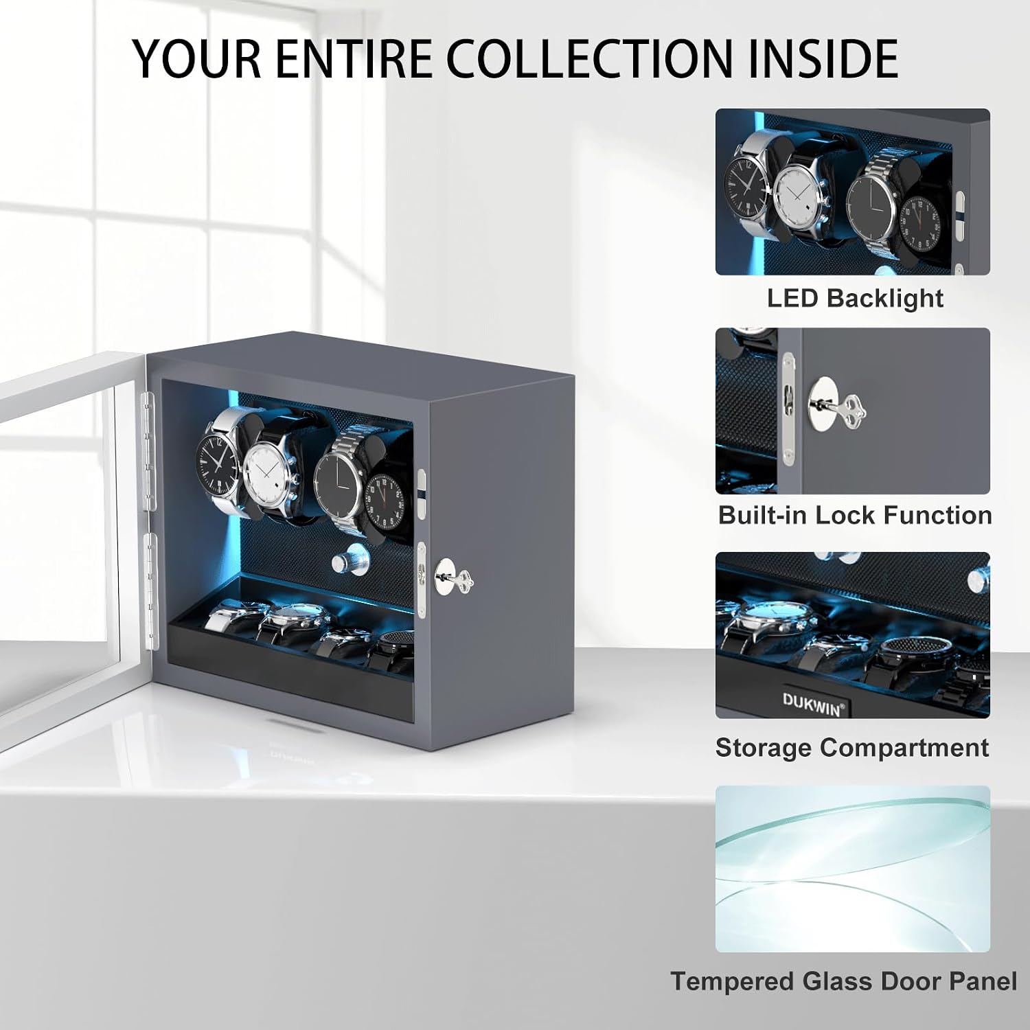 XTELARY Lockable Automatic Watch Winder - 4/6/8/12 Watch Storage, 4 Rotation Modes, Quiet Motor, Backlight