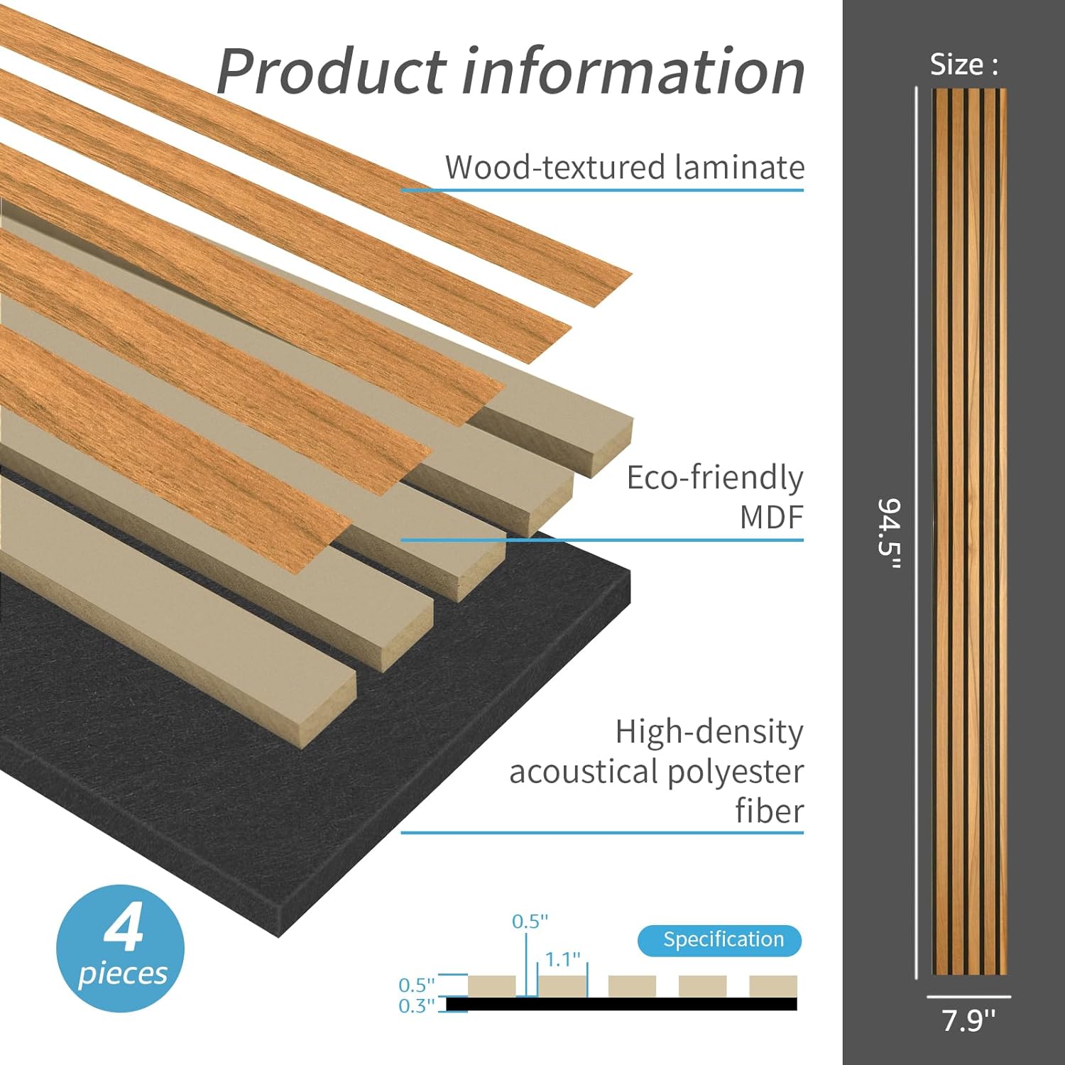 Art3d 4 Pieces 94.5' x 7.9' Acoustic Slat Wood Wall and Ceiling Panels,Fluted Modern Sound Absorbing Panels, Teak