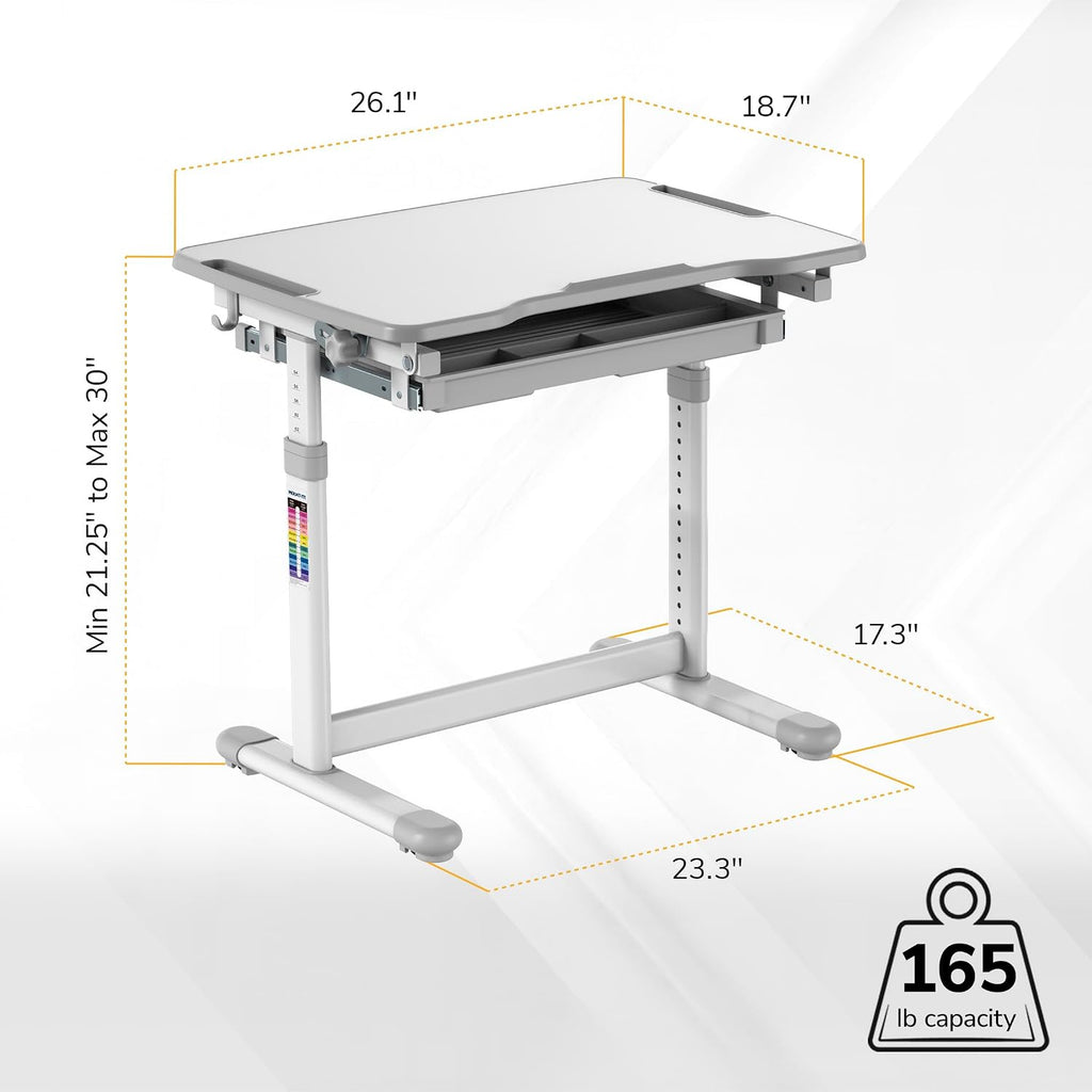 Mount-It! Kids Desk and Chair Set Height Adjustable up to 30' Ergonomic for School - Table and Chairs for Student 26' x 18' Tabletop with Pencil Drawer, 3-10 Age Children, Grey
