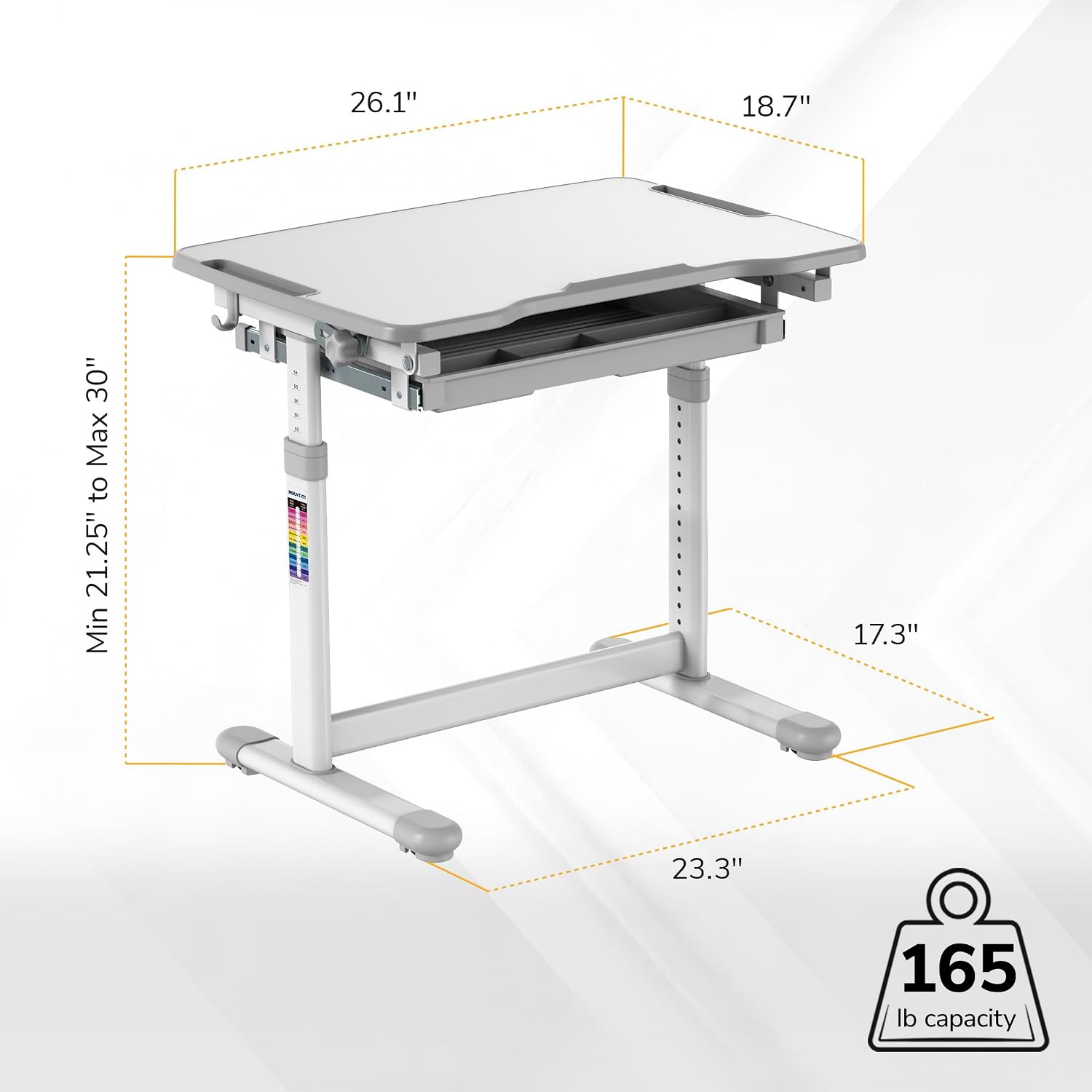 Mount-It! Kids Desk and Chair Set Height Adjustable up to 30' Ergonomic for School - Table and Chairs for Student 26' x 18' Tabletop with Pencil Drawer, 3-10 Age Children, Grey