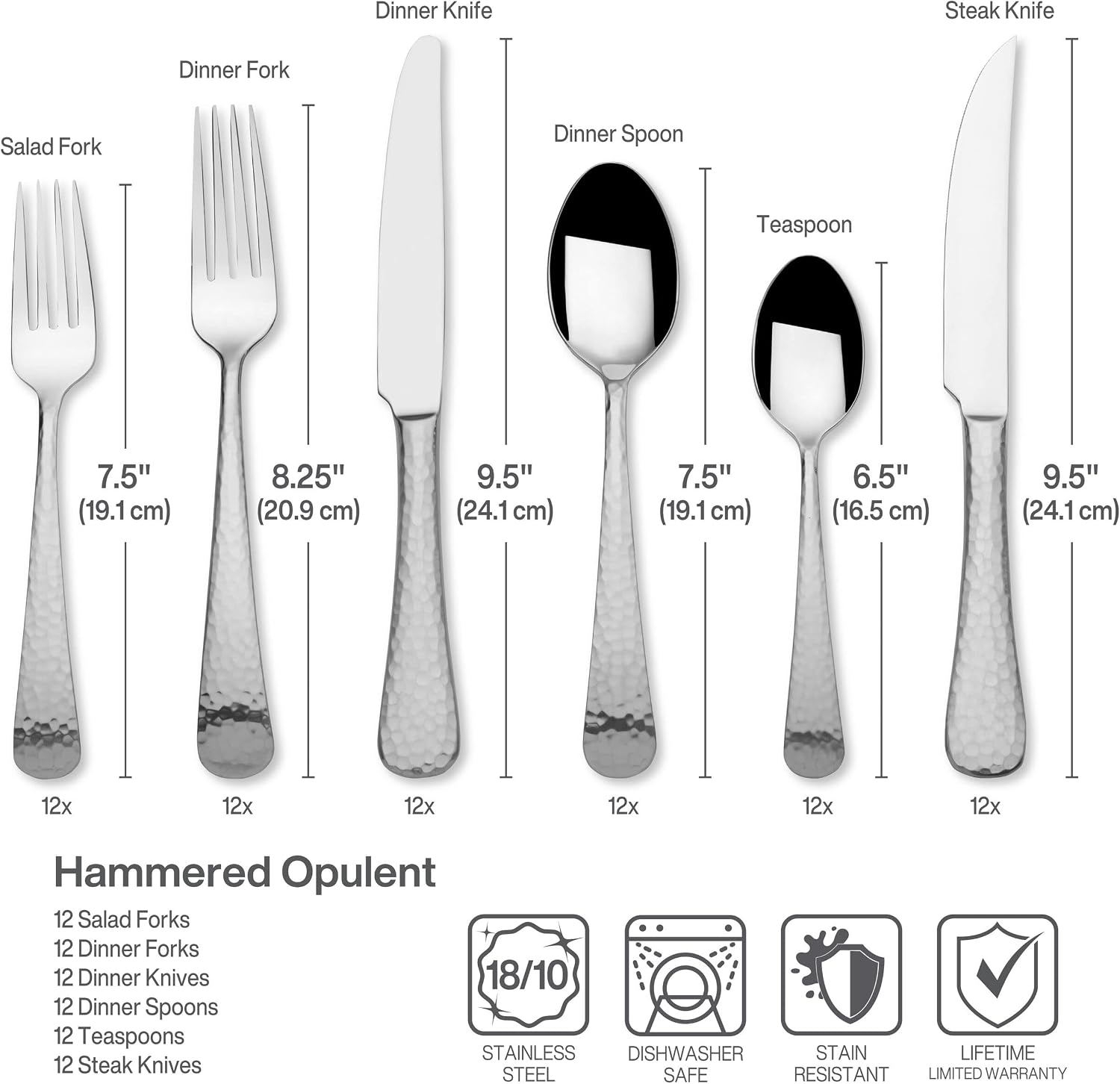 Mikasa Hammered Opulence Silverware Set for 12, 75-Piece 18/10 Stainless Steel Flatware Set with Hammered Handles, Includes Steak Knives and Serving Pieces