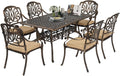 VINGLI 7 Pieces Outdoor Dining Set, Cast Aluminium All-Weather Patio Dining Set for 6 with Umbrella Hole, Outdoor Dining Table and Chairs with Cushion for Yard, Garden, Porch and Poolside, Bronze