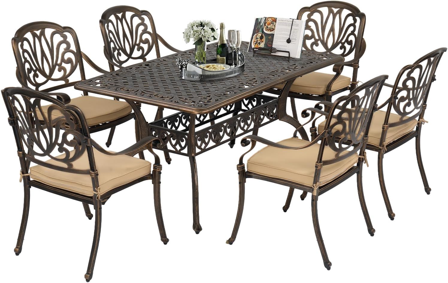 VINGLI 7 Pieces Outdoor Dining Set, Cast Aluminium All-Weather Patio Dining Set for 6 with Umbrella Hole, Outdoor Dining Table and Chairs with Cushion for Yard, Garden, Porch and Poolside, Bronze
