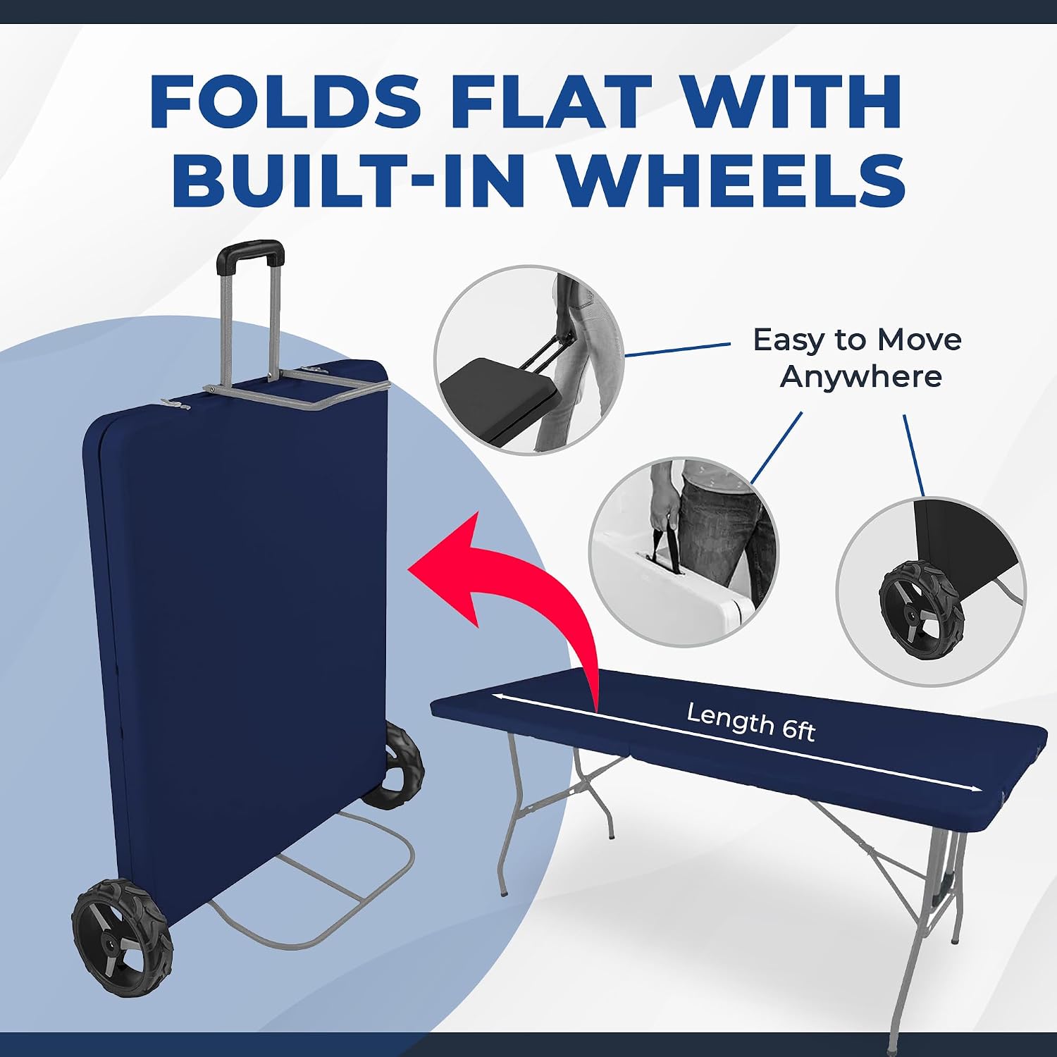 Creative Outdoor 6 Foot Folding Table, Durable Plastic, Built-in Wheels, Easy to Clean, Indoor/Outdoor Folding Table, Perfect for Camping, Picnic (Blue & Grey)