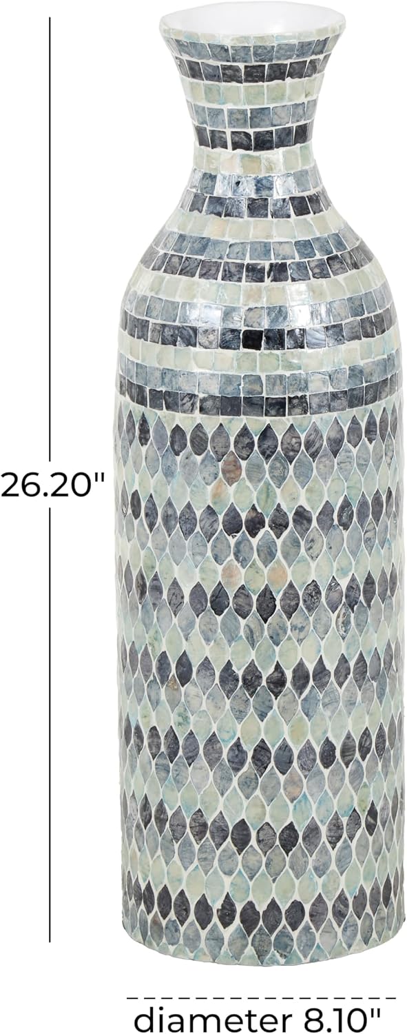 Deco 79 Mother of Pearl Shell Handmade Decorative Vase Mosaic Centerpiece Vase with White Interior, Flower Vase for Home Decoration 8' x 8' x 26', Blue