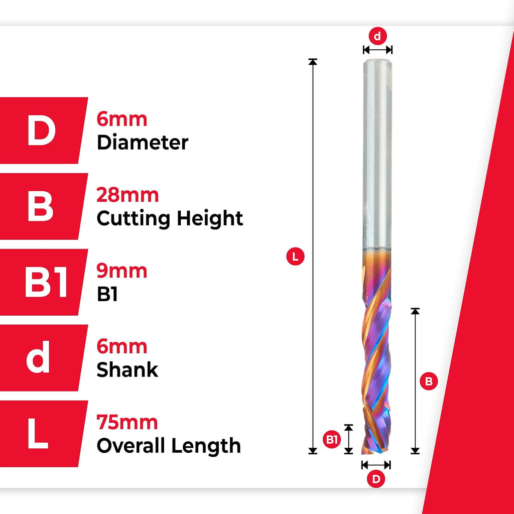 Amana Tool CNC SC Spektra Extreme Tool Life Coated Compression Spiral, 48322-K, 6mm D x 28mm CH x 6mm SHK x 75mm Long 3 Flute Router Bit