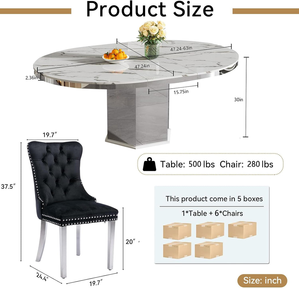 7 Pieces 47'-63' White Faux Marble Extendable Dining Table Set, Round Expanding Kitchen and Dining Room Table Set for 6 with Mirrored Acrylic Base & Black Velvet Upholstered Chairs