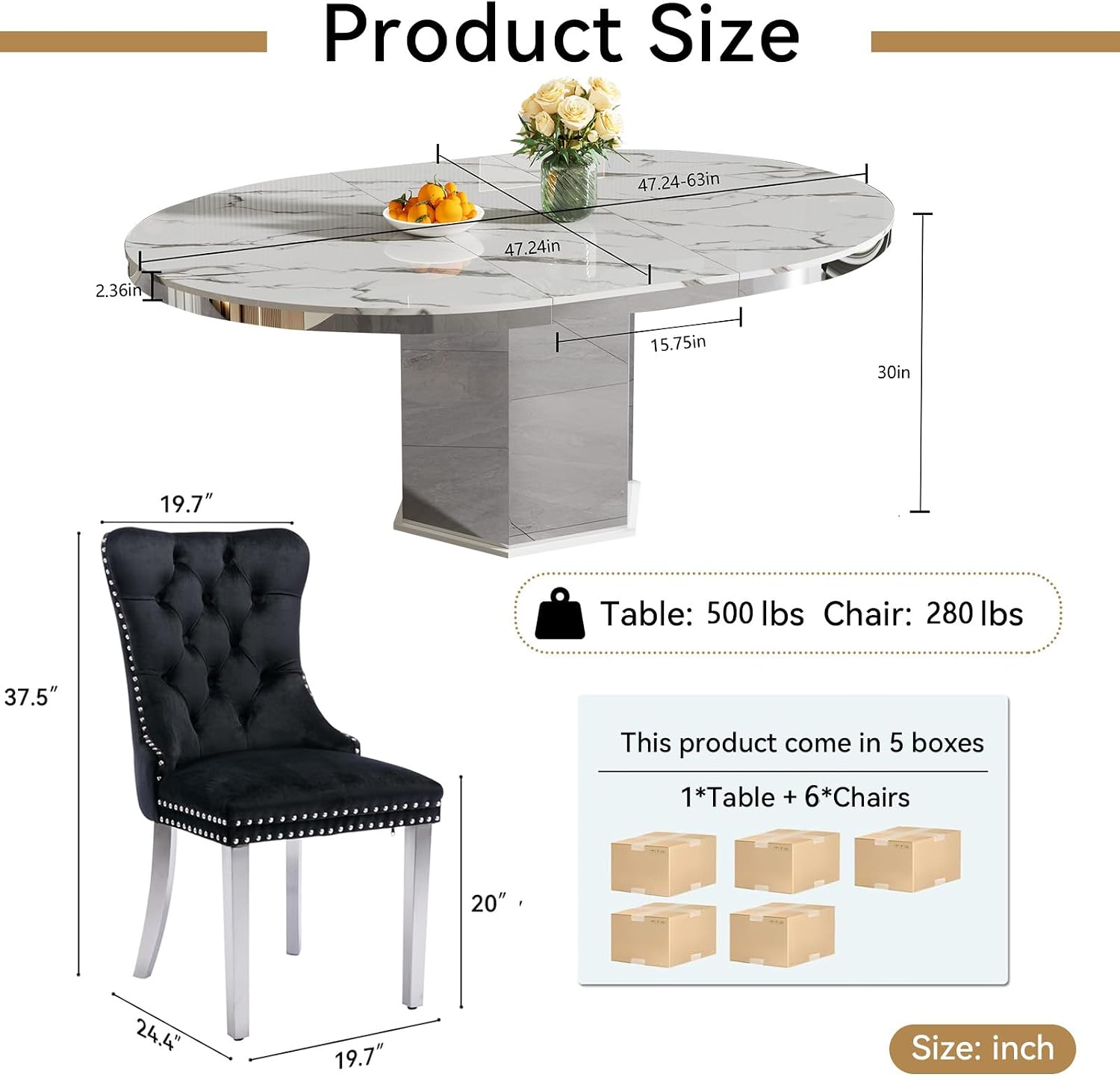 7 Pieces 47'-63' White Faux Marble Extendable Dining Table Set, Round Expanding Kitchen and Dining Room Table Set for 6 with Mirrored Acrylic Base & Black Velvet Upholstered Chairs