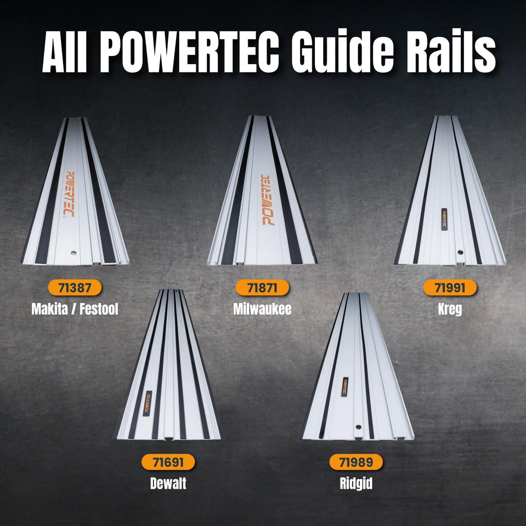 POWERTEC 110' Track Saw Guide Rail Joining Set for Milwaukee Track Saws - Includes 2x55' Aluminum Extruded Rails and Connectors for Woodworking Projects, 71871