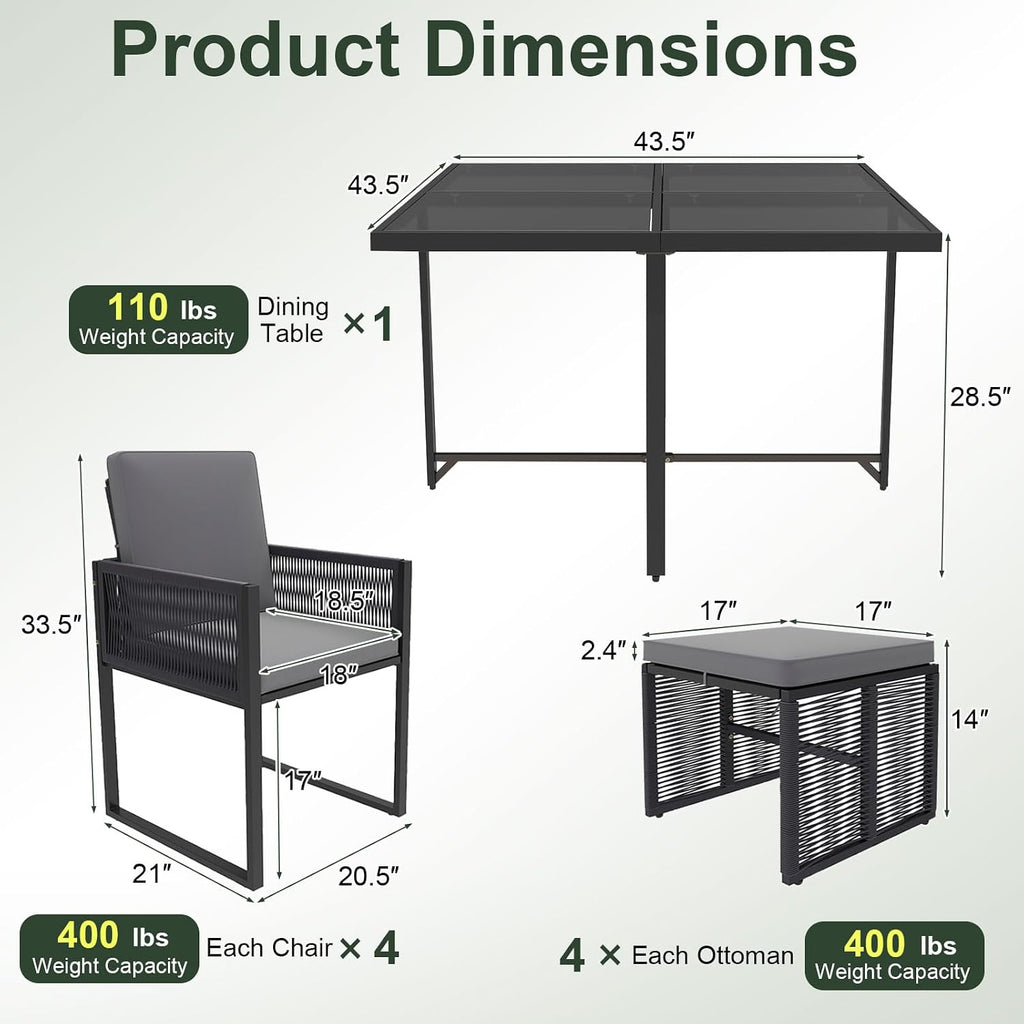Tangkula 9 Pieces Patio Dining Set, Outdoor Space-Saving Furniture Set with PE Rattan Chairs, Tempered Glass Table and Ottomans, Outdoor Sectional Conversation Set with Cushions for Yard
