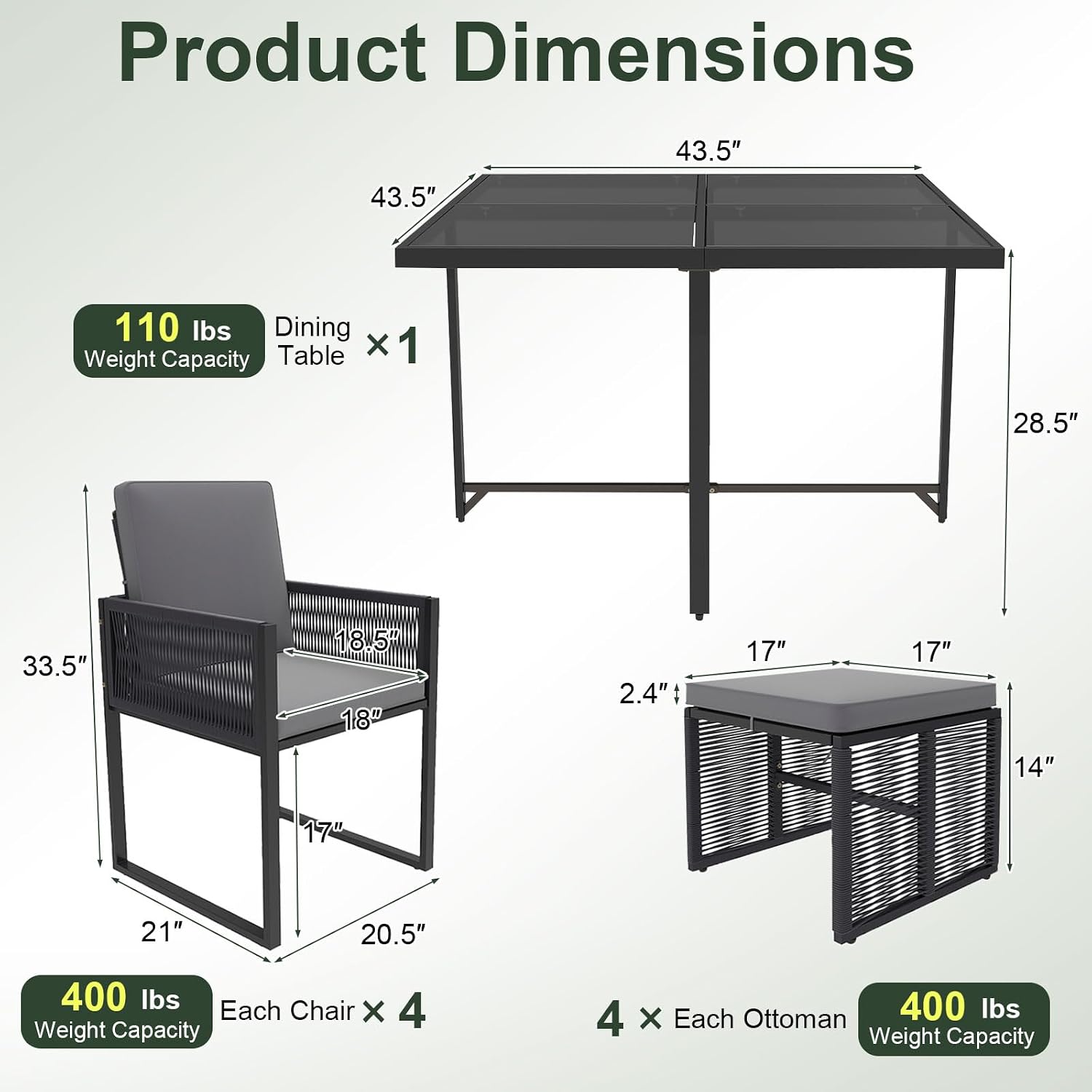 Tangkula 9 Pieces Patio Dining Set, Outdoor Space-Saving Furniture Set with PE Rattan Chairs, Tempered Glass Table and Ottomans, Outdoor Sectional Conversation Set with Cushions for Yard