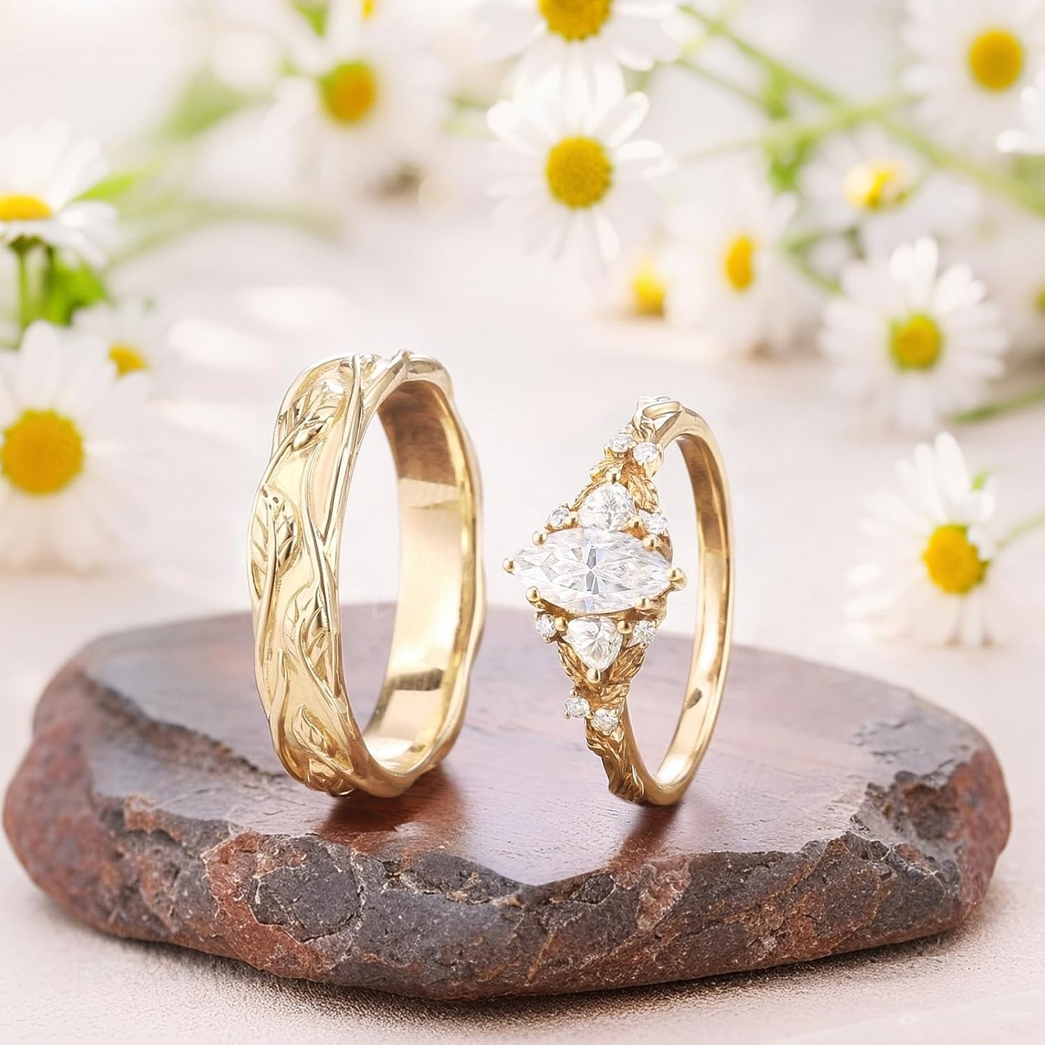 SISGEM Moissanite Couple Rings Set, 10K 14K 18K Solid Gold Moissanite Wedding Rings for Him And Her, Vintage Leaf/Branch Wedding Bands Matching Couple Rings Anniversary Jewelry Gift for Women And Men