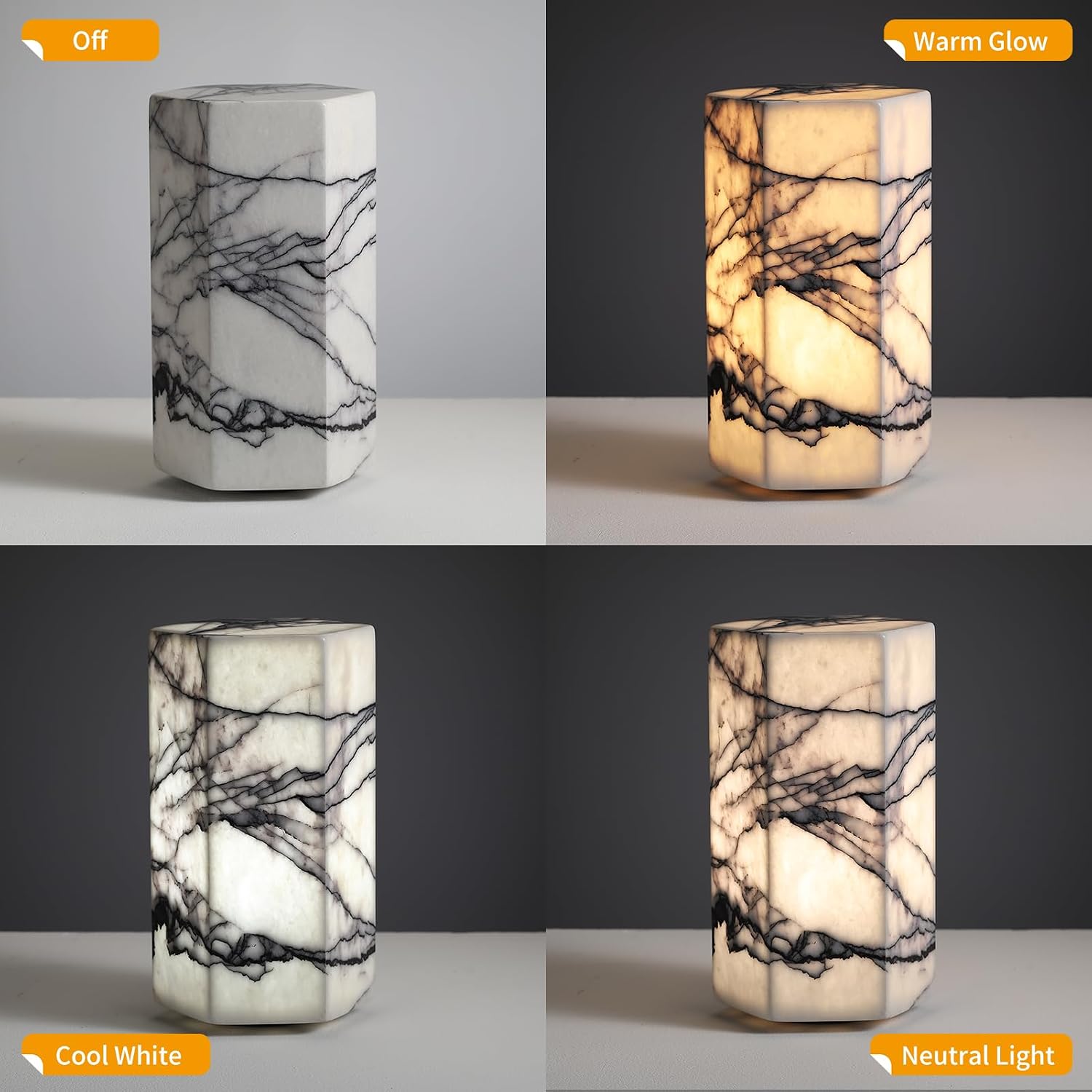 Handcrafted Real Marble Table Lamp, Stone Lamp with Tri-Color Dimmable LED, Bedside Lamp, Small Table Lamp for Home Decor, Accent Table Lamp for Bedroom Living Room, Hexagon