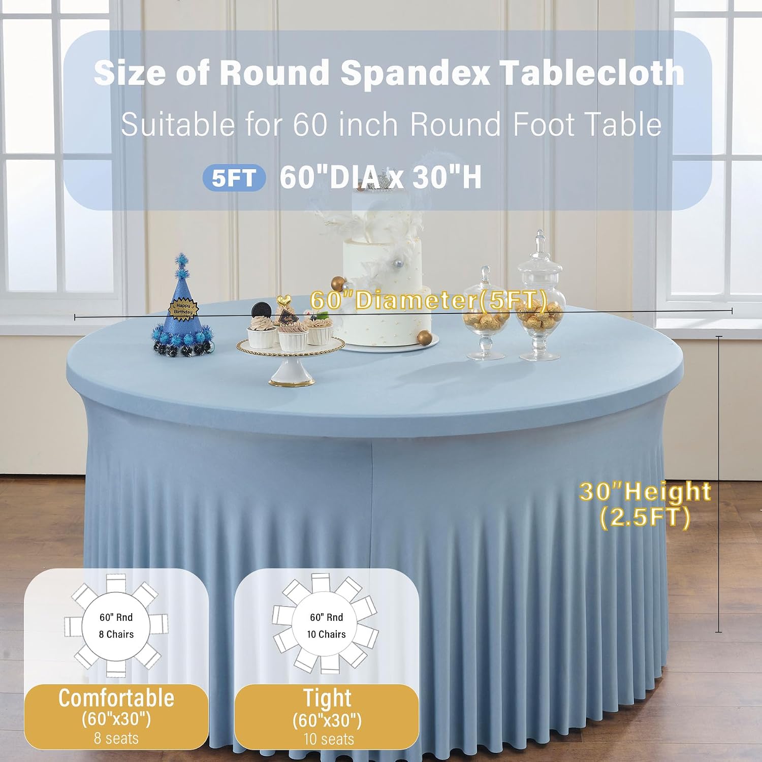 6 Pack Dusty Blue Spandex Round Tablecloths for 60 inch Table, Wrinkle Free Stretchy 120inch Fitted 5FT Round Table Cover Cloths with Skirt for Wedding Party Dining Banquet
