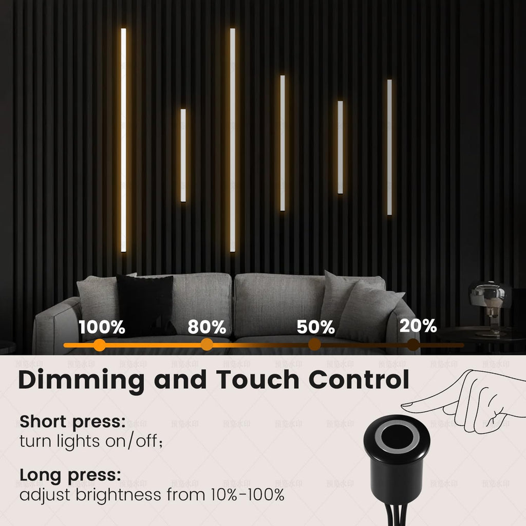 Slat Wall Lights - GloryAir 12Pcs Black Self-Adhesive Wall Panel Light Strips, 3000K Warm White Dimmable Smart Touch Switch for Wood Slat, WPC & Acoustic Panel, Living Room, Bedroom & Stair Decor