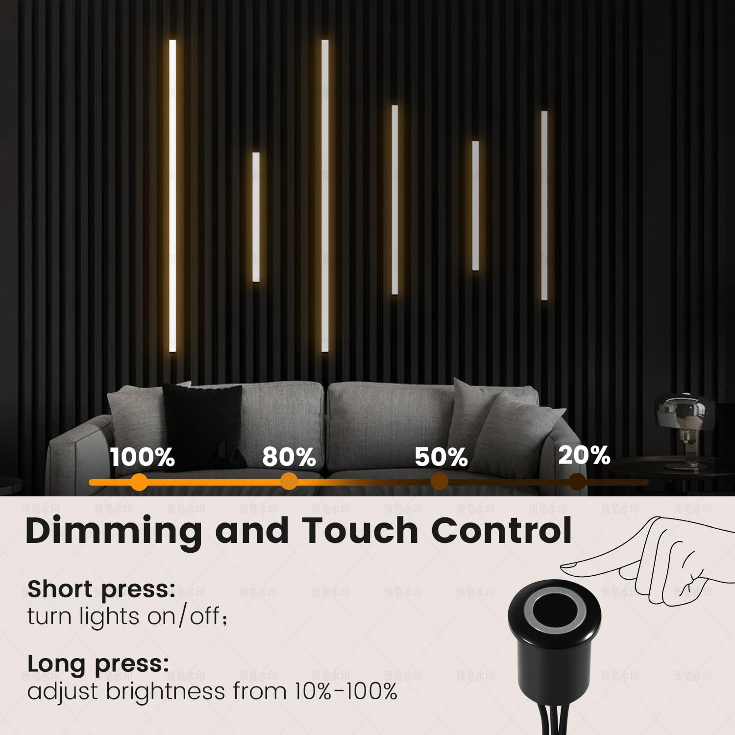 Slat Wall Lights - GloryAir 12Pcs Black Self-Adhesive Wall Panel Light Strips, 3000K Warm White Dimmable Smart Touch Switch for Wood Slat, WPC & Acoustic Panel, Living Room, Bedroom & Stair Decor