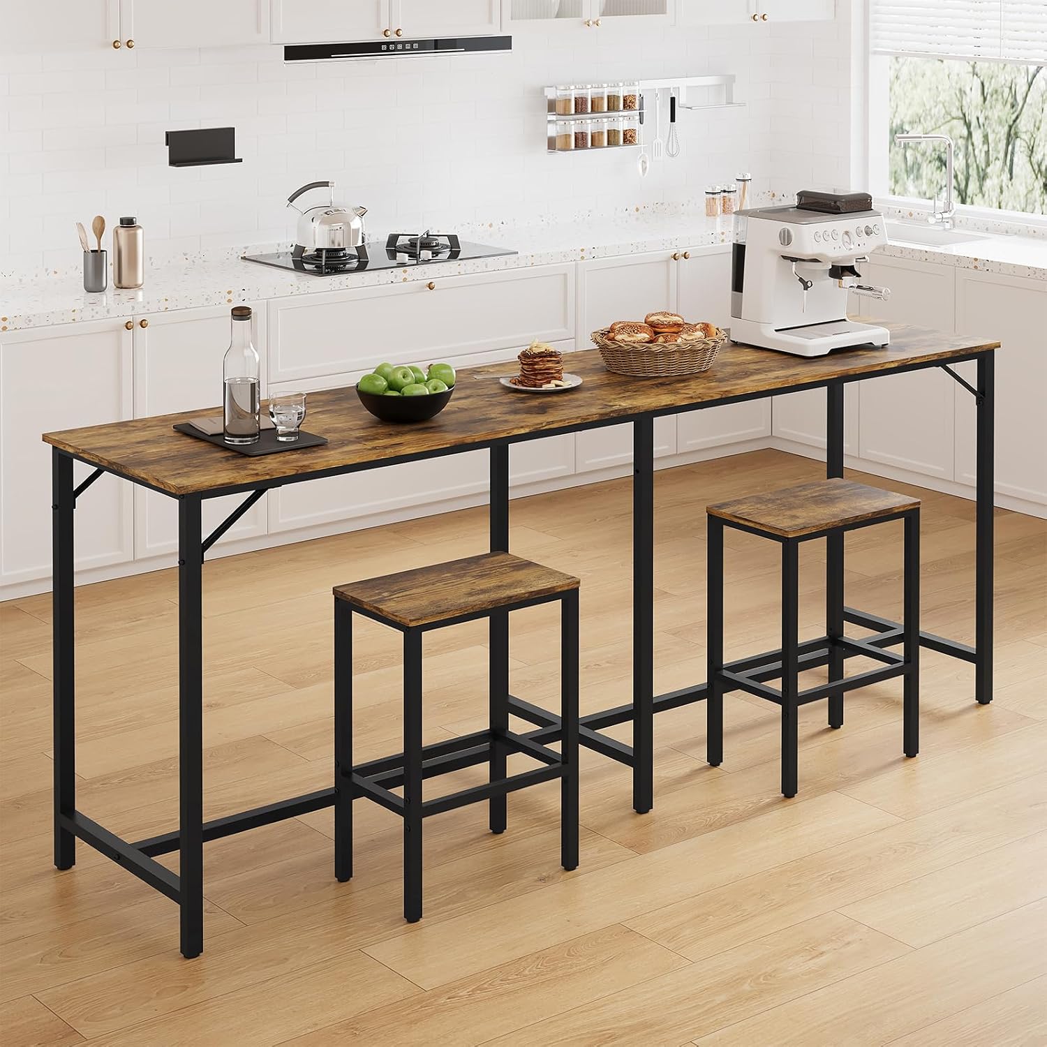 YATINEY 70.9' Bar Table and Chairs Set, Dining Table and Chair Sets, 3 Piece Counter Height Table and 2 Stools, Kithcen Table for Home Restaurant, Bar, Rustic Brown BT09BR