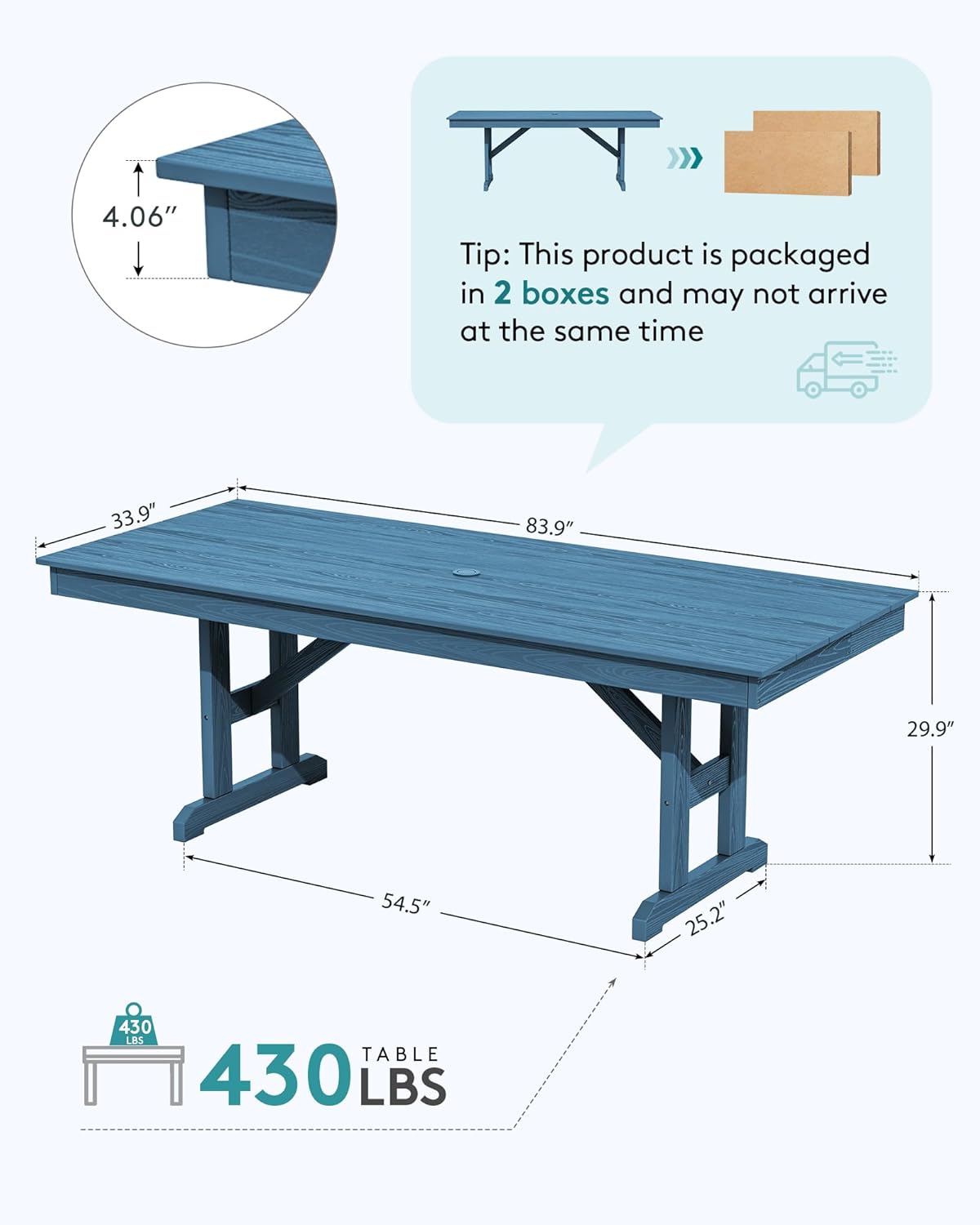 SERWALL Outdoor Dining Table, 84' Rectangular Dining Table for 6-10 Person, All Weather HDPE Outdoor Furniture for Backyard, Garden, Navy