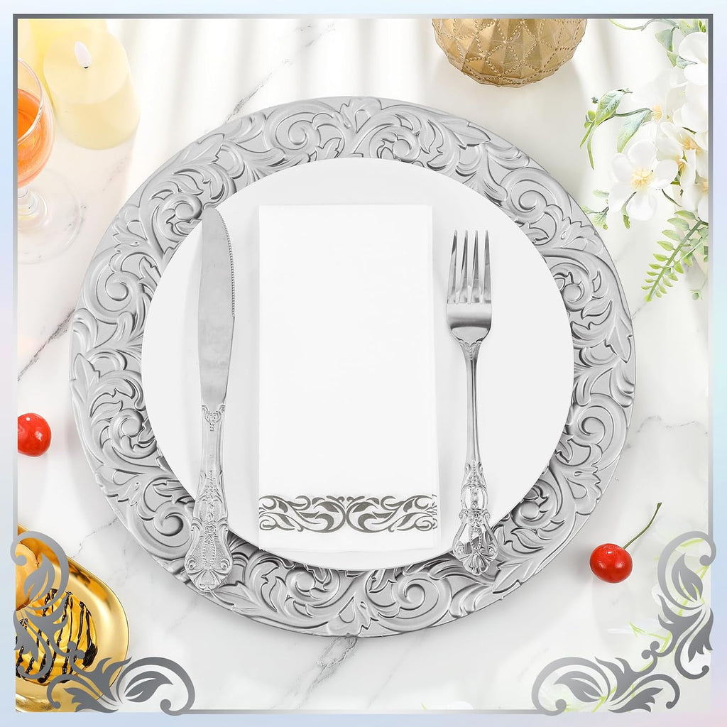 FoldTier 100 Set Antique Charger Plates with Napkins Set 13 Inch Plastic Round Chargers Bulk Embossed Rim Dinner Plates Elegant Guest Towels for Wedding Party Event Table Decoration Setting (Silver)
