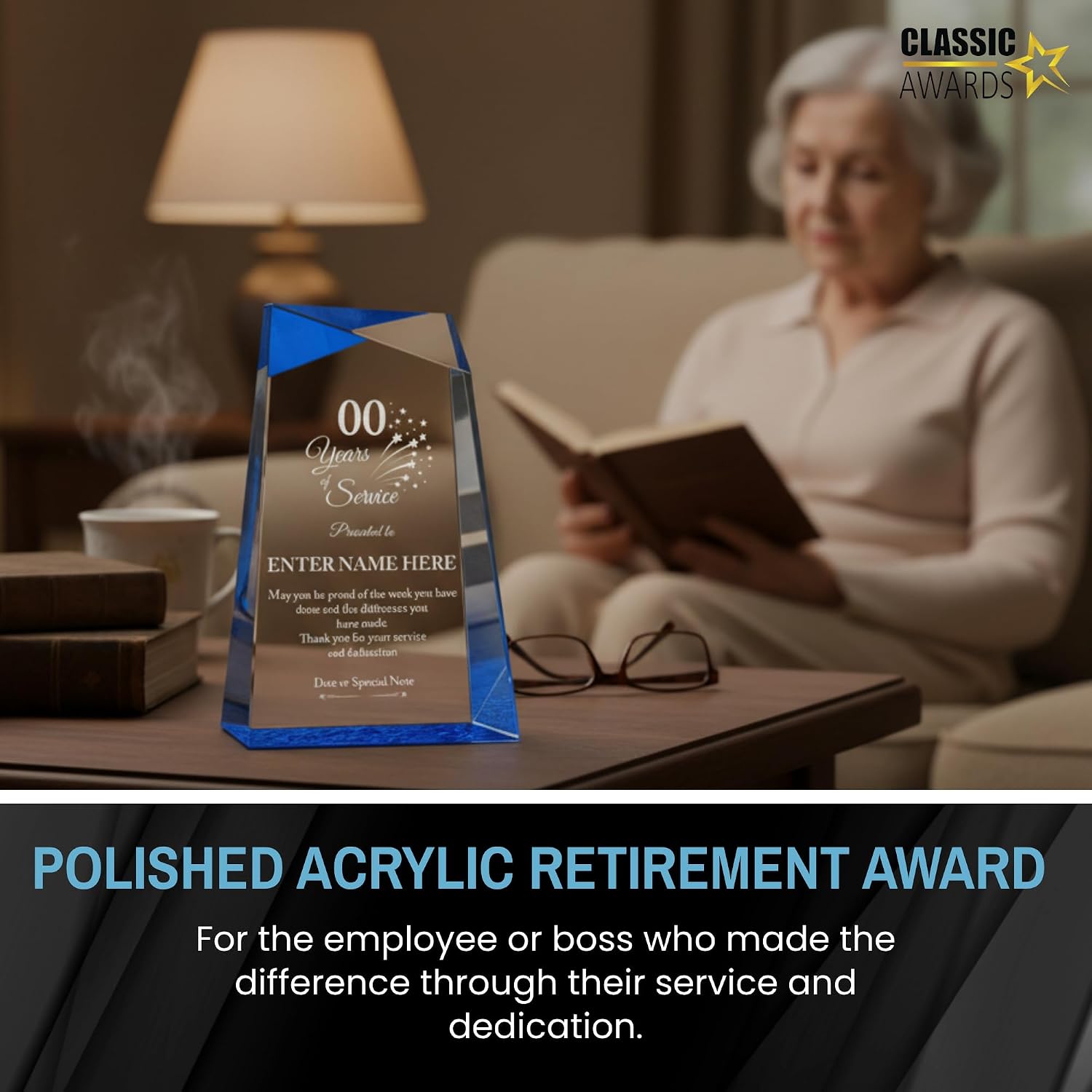 Personalized Acrylic Retirement Gifts For Men and Women, Laser Engraved Custom Trophy for Service Recognition, Years Of Service Retirement Trophy Award for Boss, Employee, Teacher (Blue Facet Wedge)