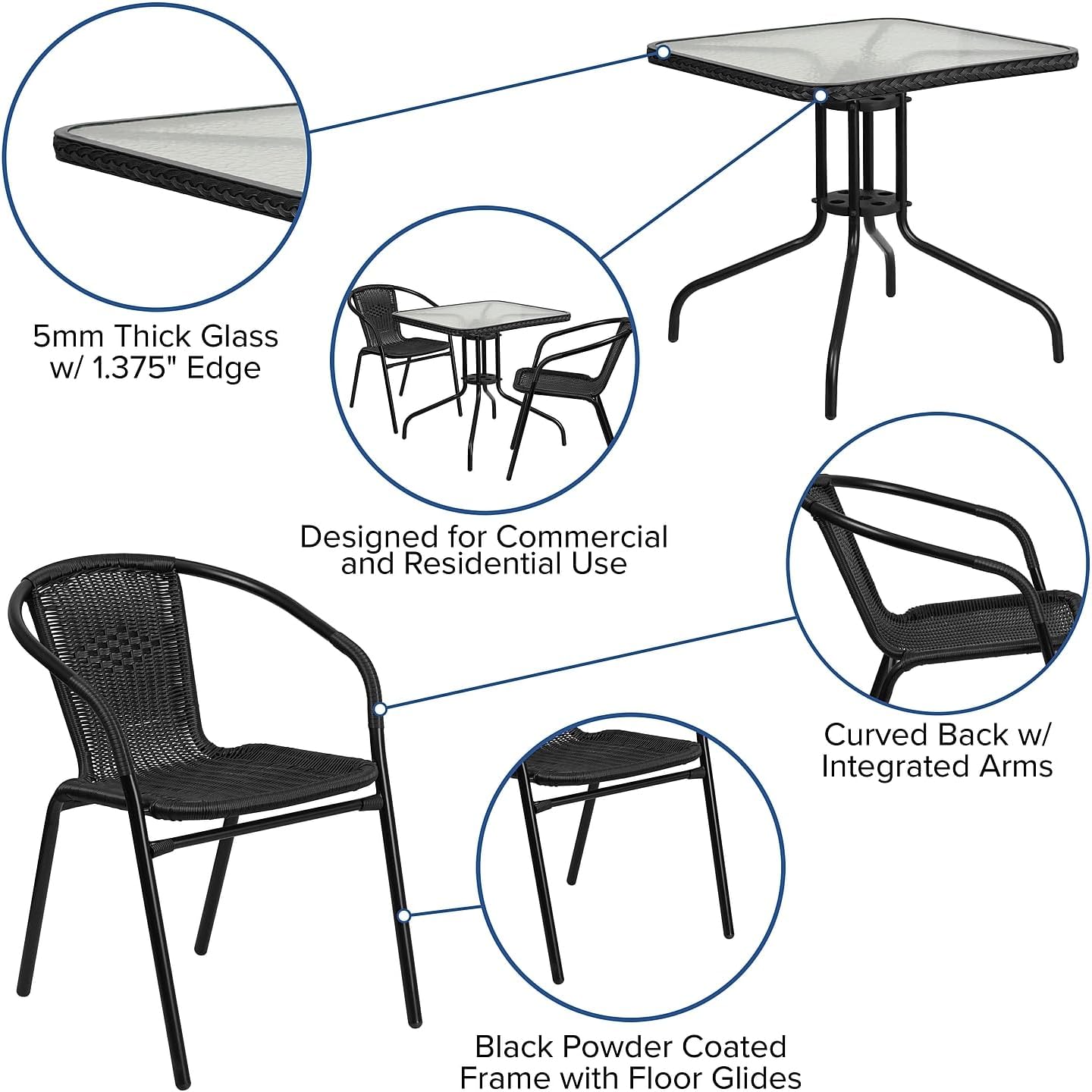 Flash Furniture Lila 28'' Square Glass Metal Table with Black Rattan Edging and 2 Black Rattan Stack Chairs
