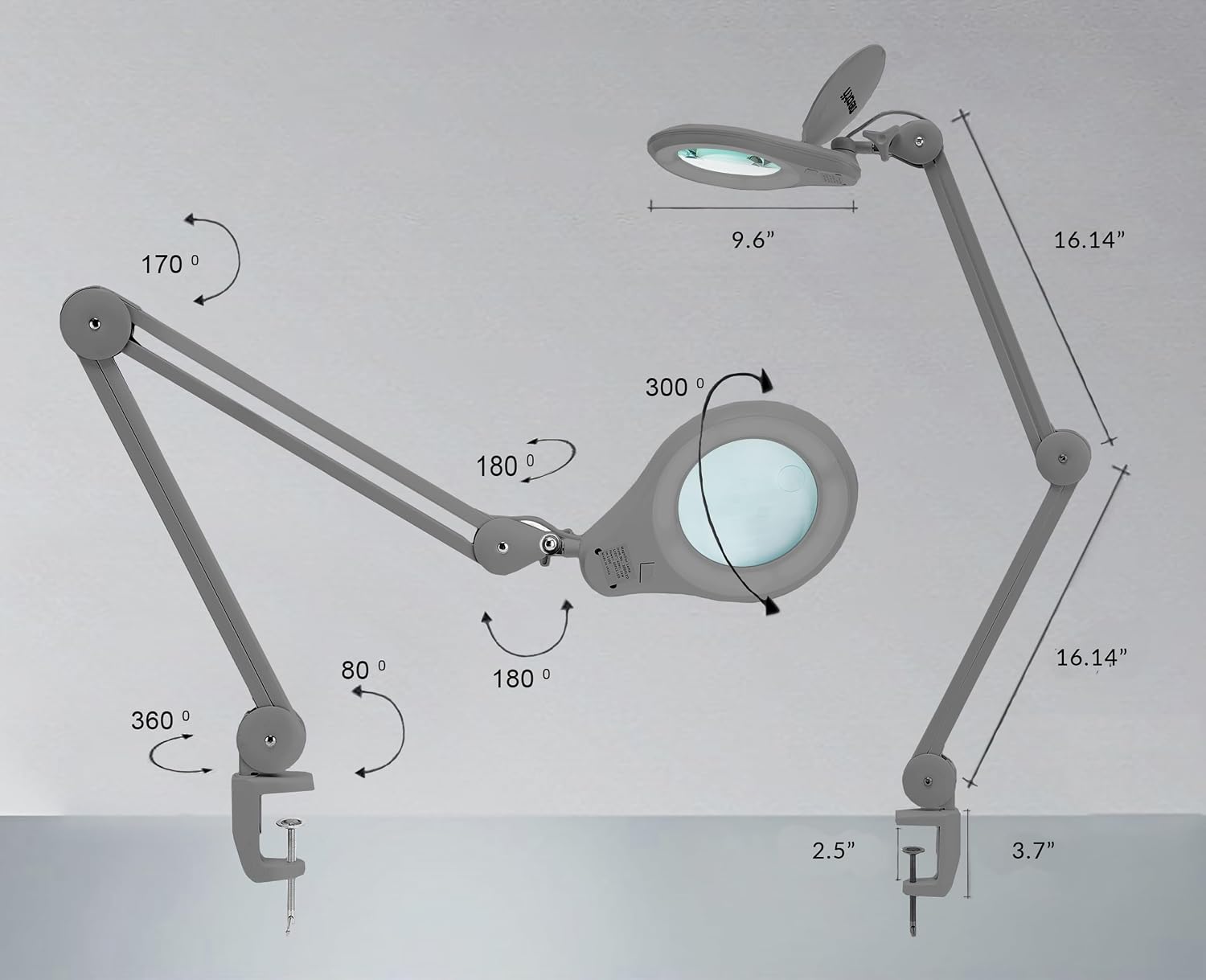 Neatfi LED Bifocal Magnifying Lamp 1,200 Lumens – 5' Glass Lens, Dual Magnification 2.25X/6X, Dimmable | Adjustable Arm with Clamp | Crafting, Jewelry & Reading (5 Diopter + 20 Diopter, Silver)
