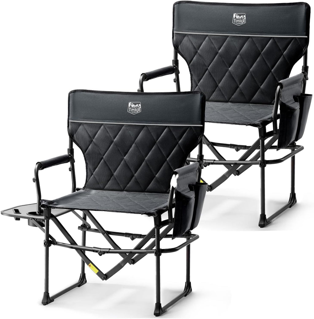 TIMBER RIDGE Heavy Duty Camping Chair with Compact Size, Portable Directors Chair with Side Table and Pocket for Camping, Lawn, Sports and Fishing, Supports Up to 400lbs, Black 2 Pack