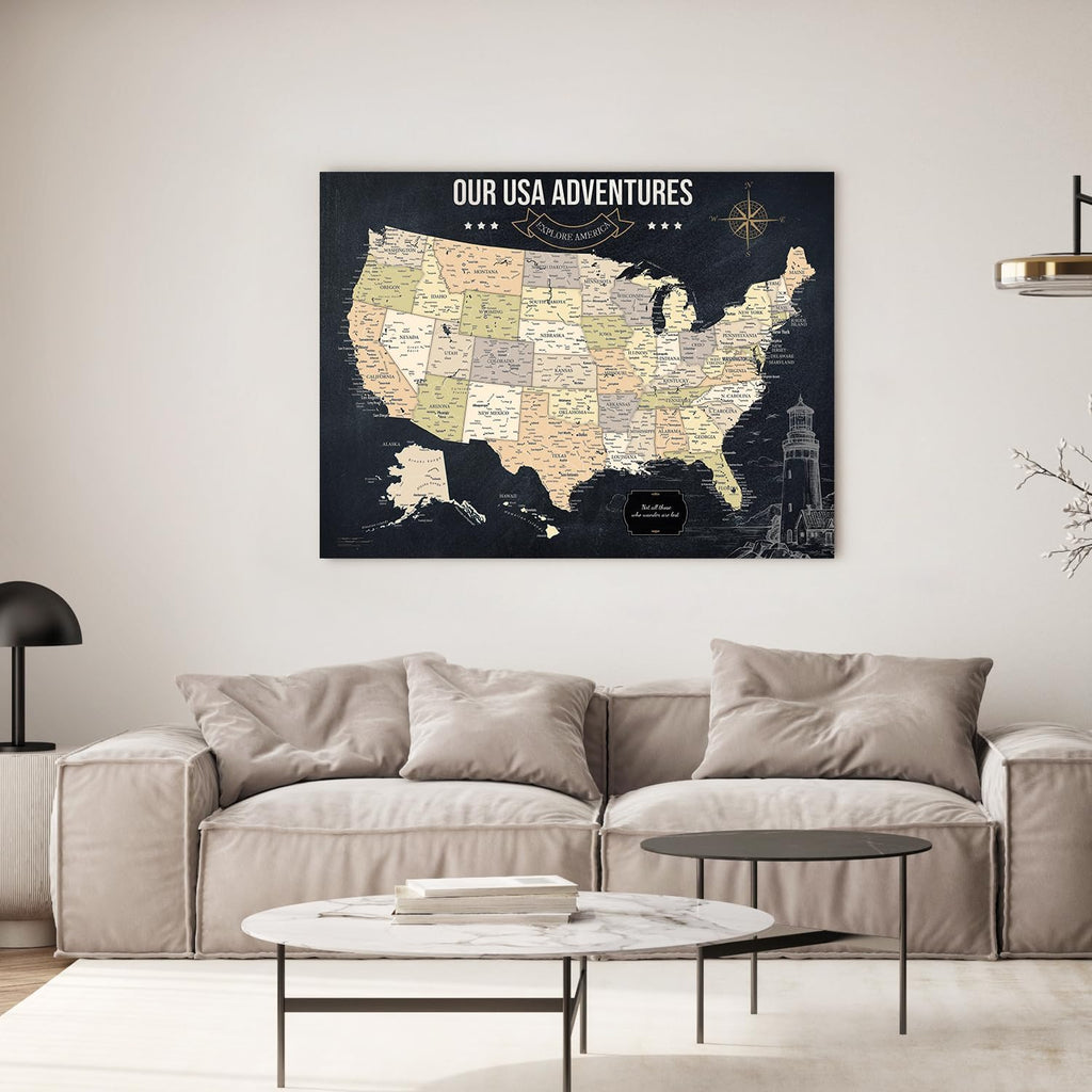IPIC - Vintage USA Travel Map, Pin Board Canvas Wall Art, Travel Map with Pins Included, Ready to Hang for Home or Office, 40x30 Inch