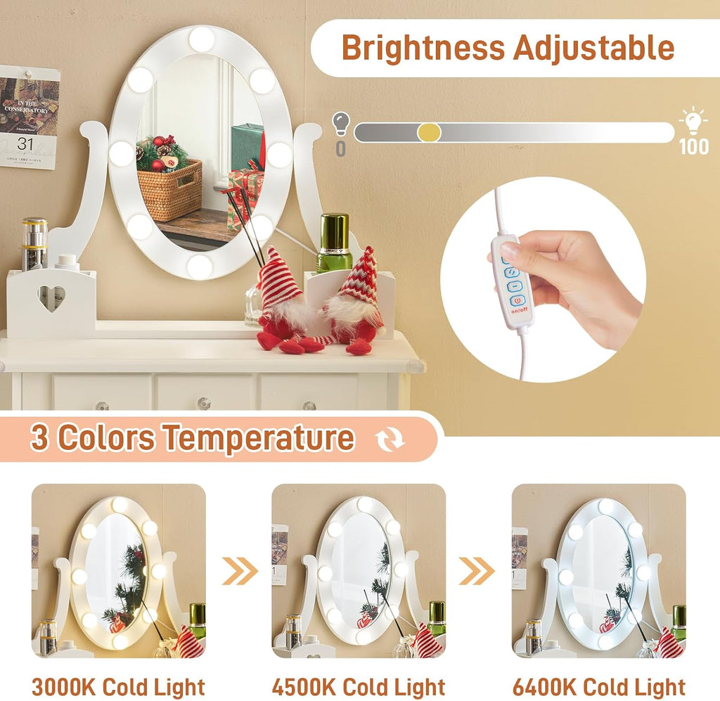 Karl home Kids Vanity Table and Chair Set, Princess MDF Dressing Table with 3-Color LED Lighted Mirror and 3 Drawers, Lovely Waved Design for Toddler's Bedroom and Playroom Decor, Macaroon White