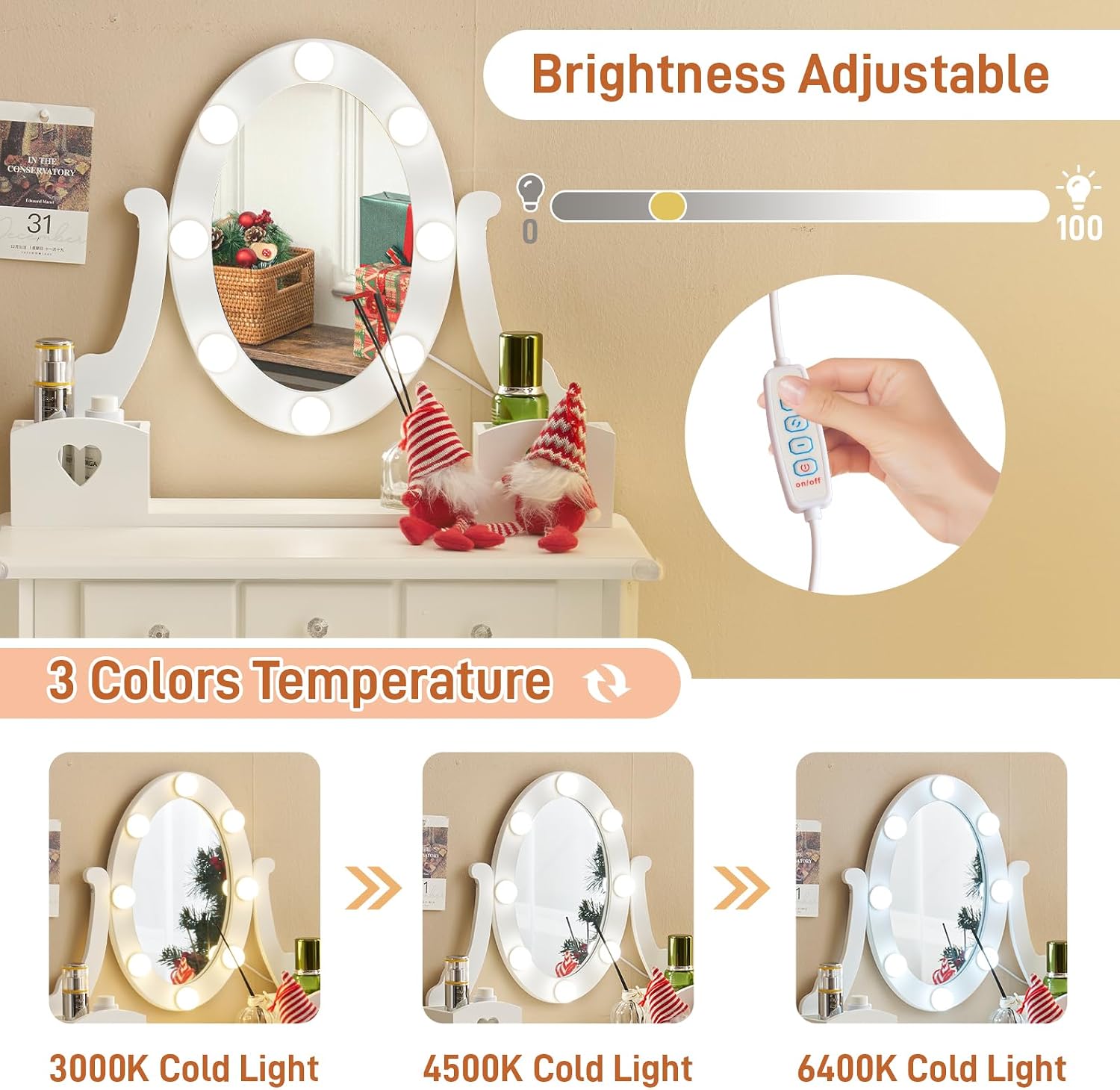 Karl home Kids Vanity Table and Chair Set, Princess MDF Dressing Table with 3-Color LED Lighted Mirror and 3 Drawers, Lovely Waved Design for Toddler's Bedroom and Playroom Decor, Macaroon White