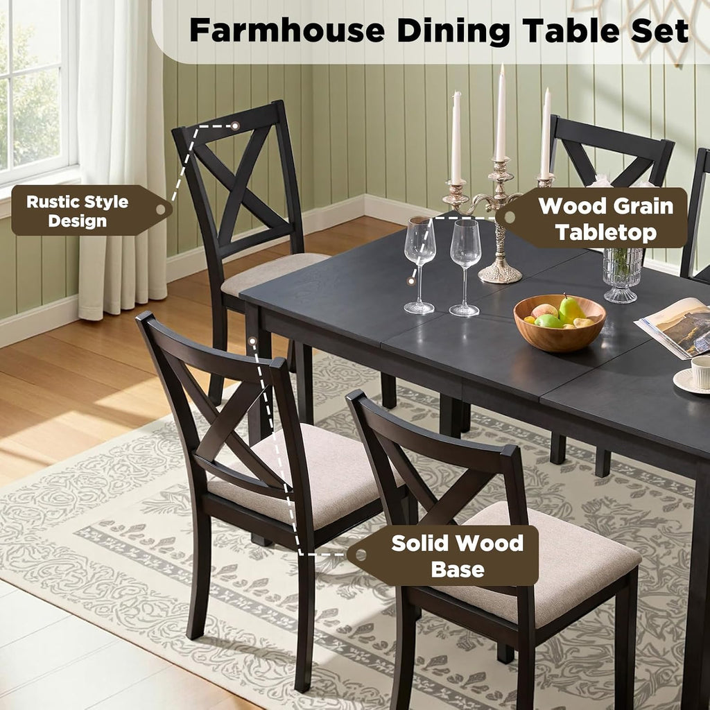 LUXOAK 7-Piece Solid Wood Dining Table Set, 60' Farmhouse Dining Table with 6 Chairs, Rectangular Table Set for 6, Kitchen & Dining Room Furniture, Grey & White