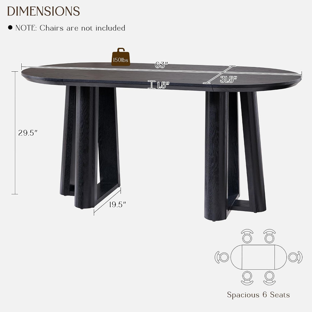 OKD 63' Dining Table for 6-8, Oval Dining Room Table with Triangular Structure Pedestal Stable Base, Curved Table Edge, Circle Kitchen Tables for Dining Room, Kitchen, Black Oak