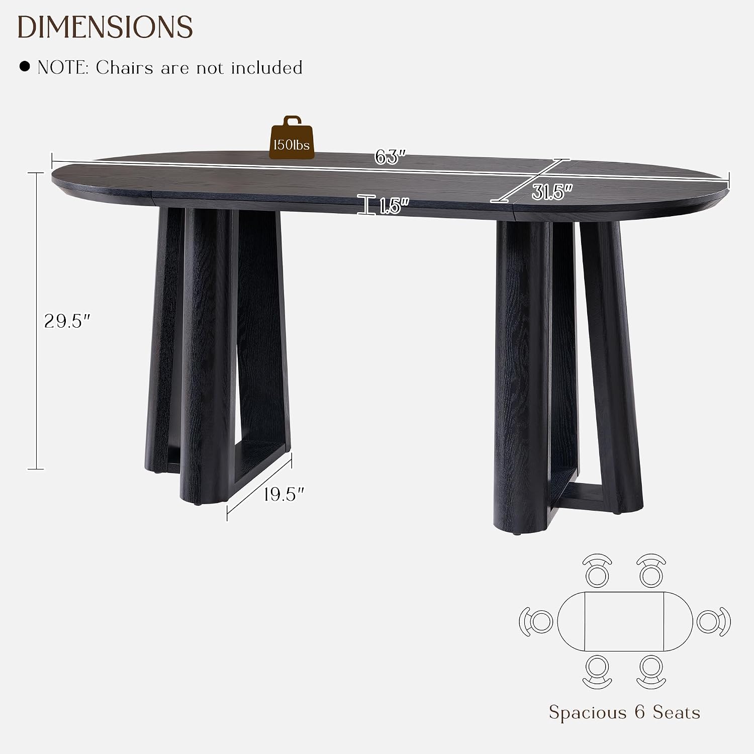OKD 63' Dining Table for 6-8, Oval Dining Room Table with Triangular Structure Pedestal Stable Base, Curved Table Edge, Circle Kitchen Tables for Dining Room, Kitchen, Black Oak