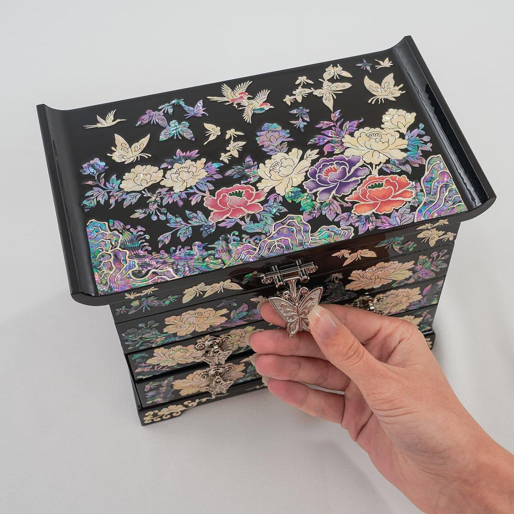 February Mountain Mother of Pearl Wooden Jewelry Organizer Box – Jewelry Storage Box for Women, Features Spacious Drawers, Ideal for Rings, Bracelets, Watches, Chains, Accessories (Colorful Flowers)