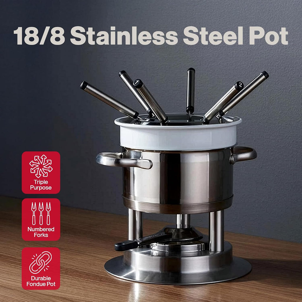 Swissmar Arosa 11-Piece Stainless Steel 3-in-1 Fondue Set - Ideal for Melting Cheese, Chocolate, Butter, & More - Perfect for Kitchen Collection & Wedding Gift Giving - 1.6 Quarts / 1.5 Liter